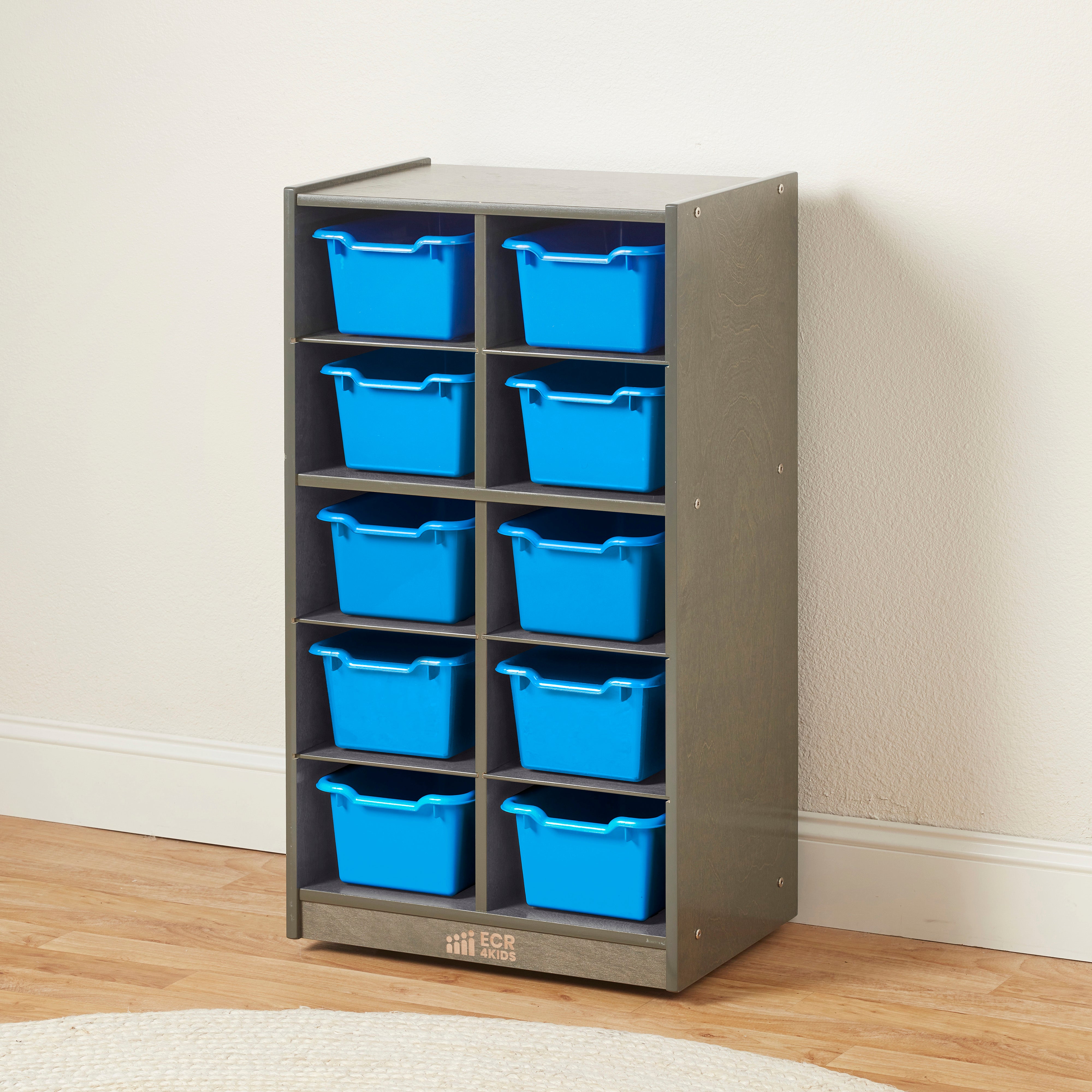 10 Cubby Mobile Tray Cabinet with 10 Scoop Front Storage Bins, 5x2, Grey Wash