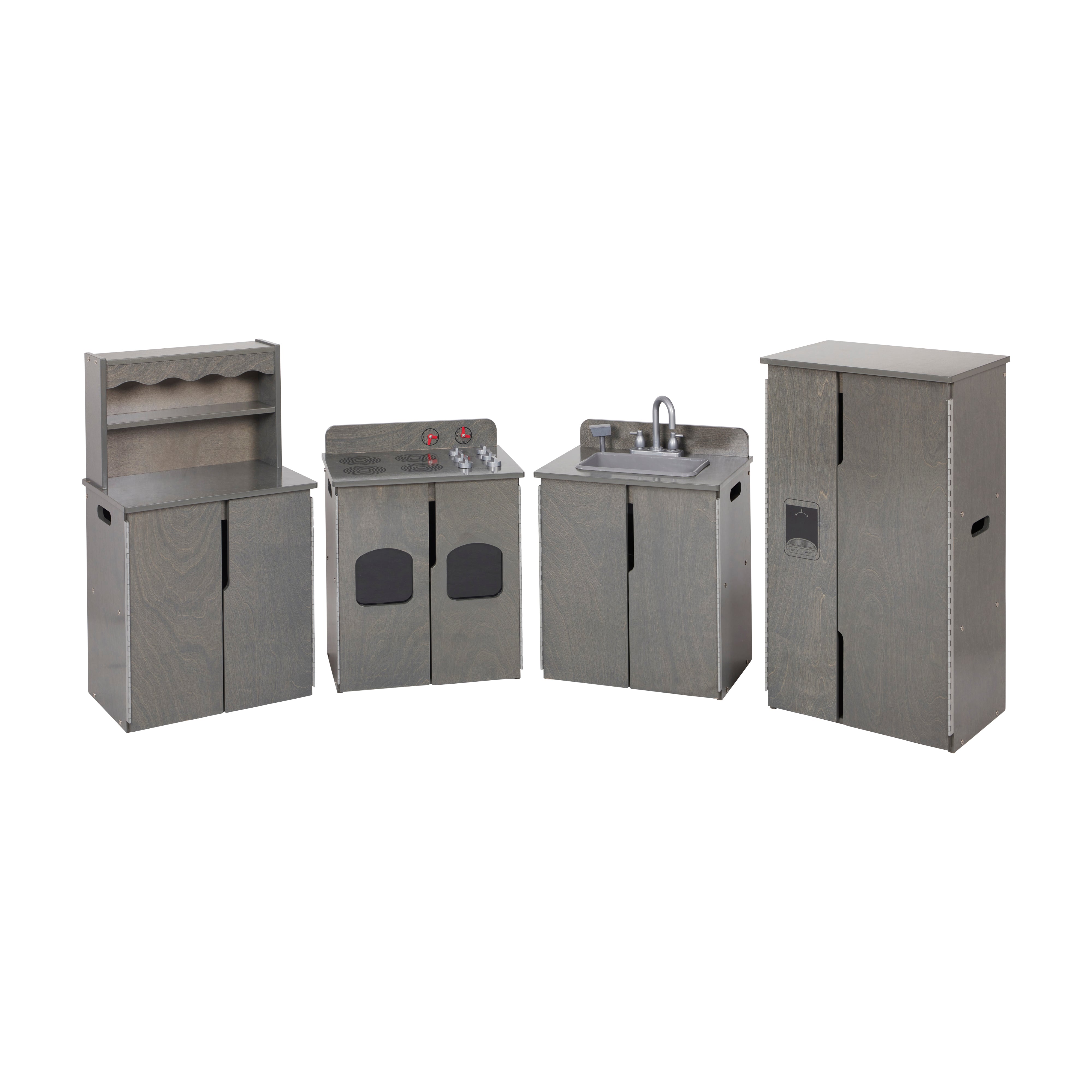 Kitchen Cupboard, Stove, Sink, and Refrigerator for Kids, Wooden, 4-Piece