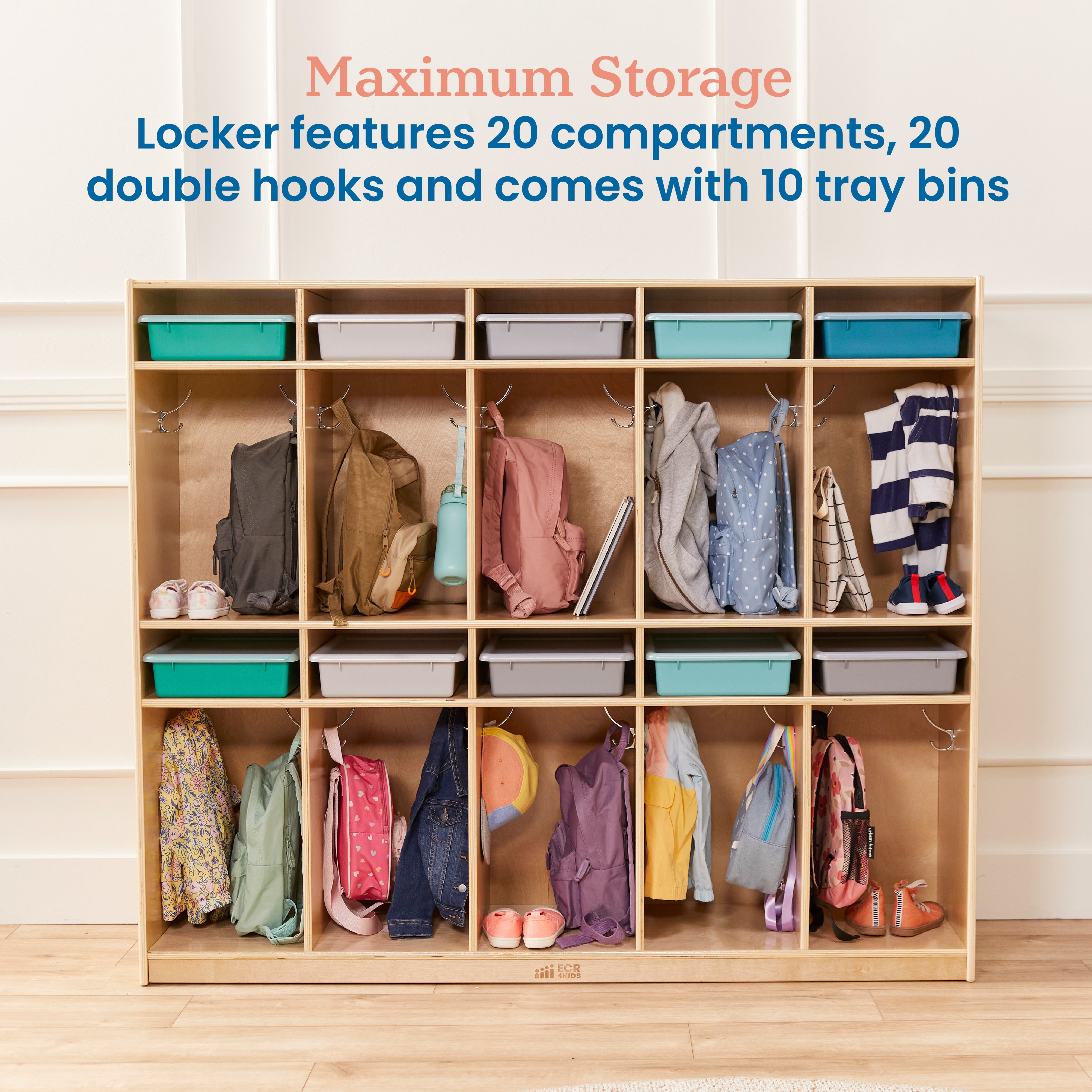 10-Section Storage Locker and Letter Size Trays with Lids, Natural, Classroom Furniture