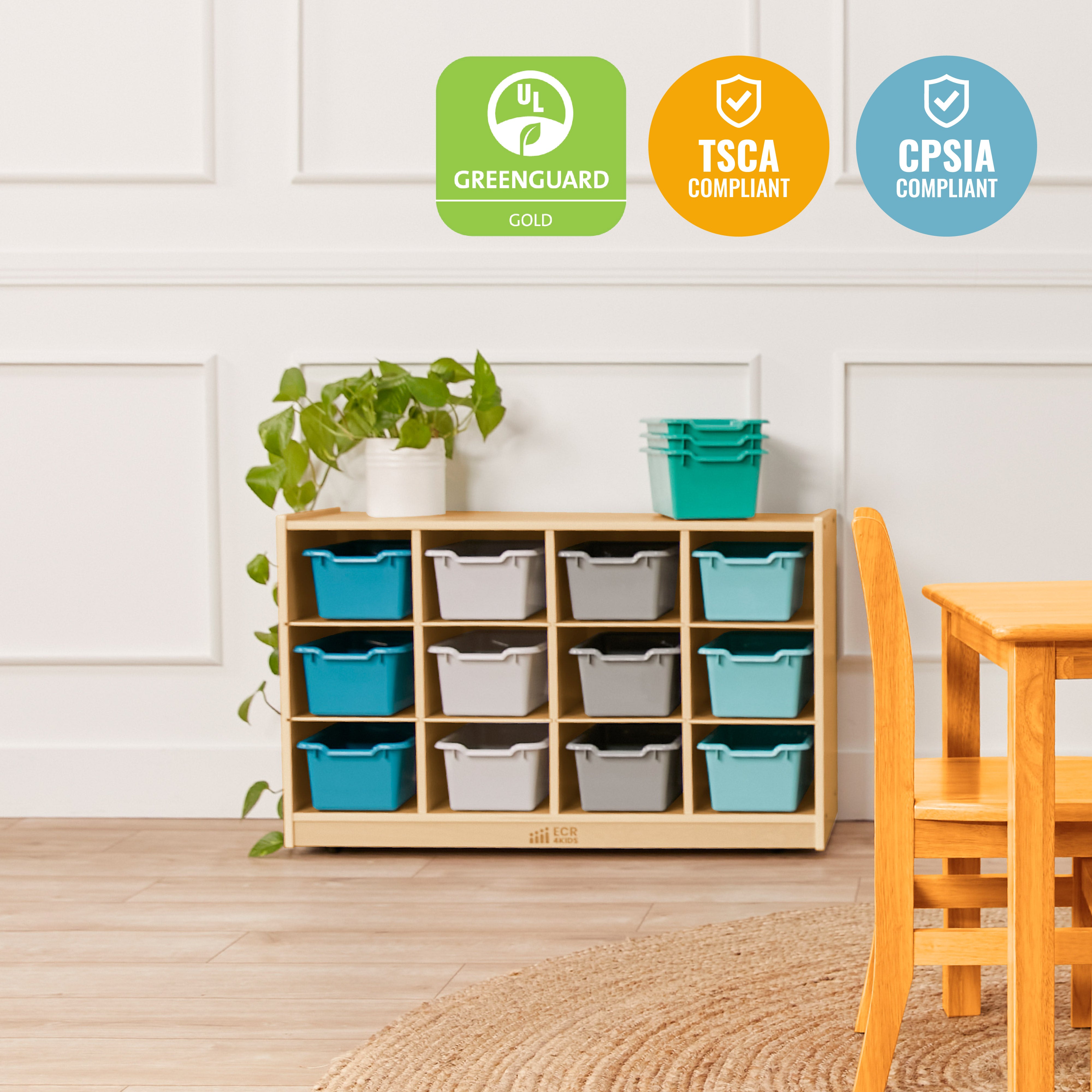 12 Cubby Mobile Tray Cabinet with 15 Scoop Front Storage Bins, 3x4, Natural