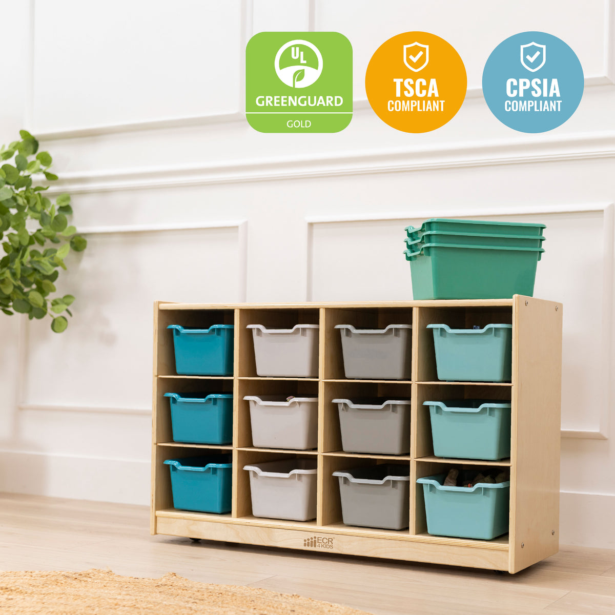 12 Cubby Mobile Tray Cabinet with 15 Scoop Front Bins, 3x4