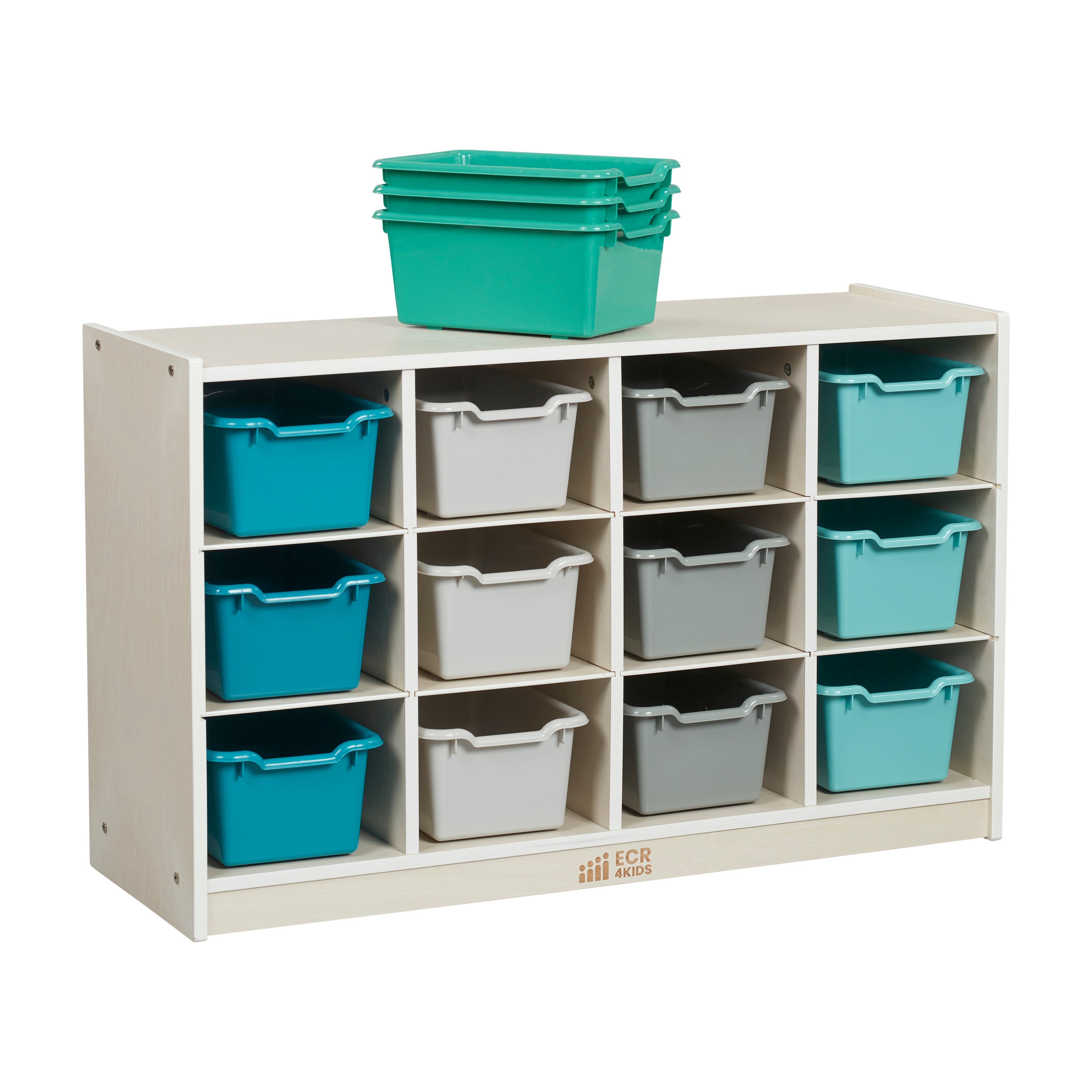 12 Cubby Mobile Tray Cabinet with 15 Scoop Front Storage Bins, 3x4, White Wash