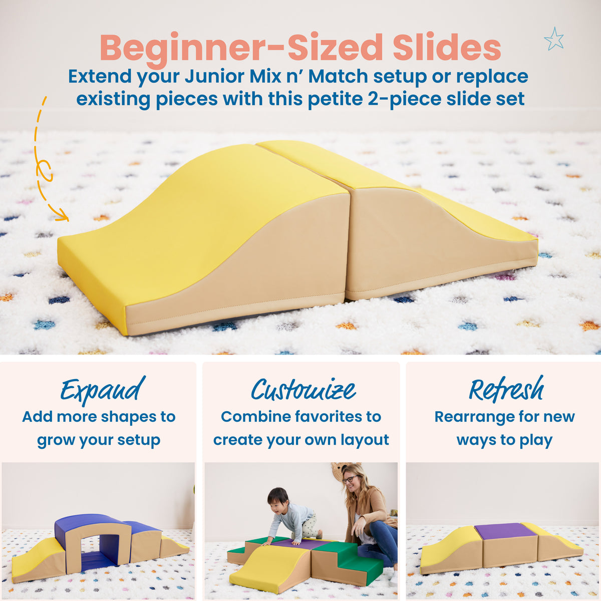 Toddler standing on yellow foam climber ramp connected to beige foam block with adult assisting.