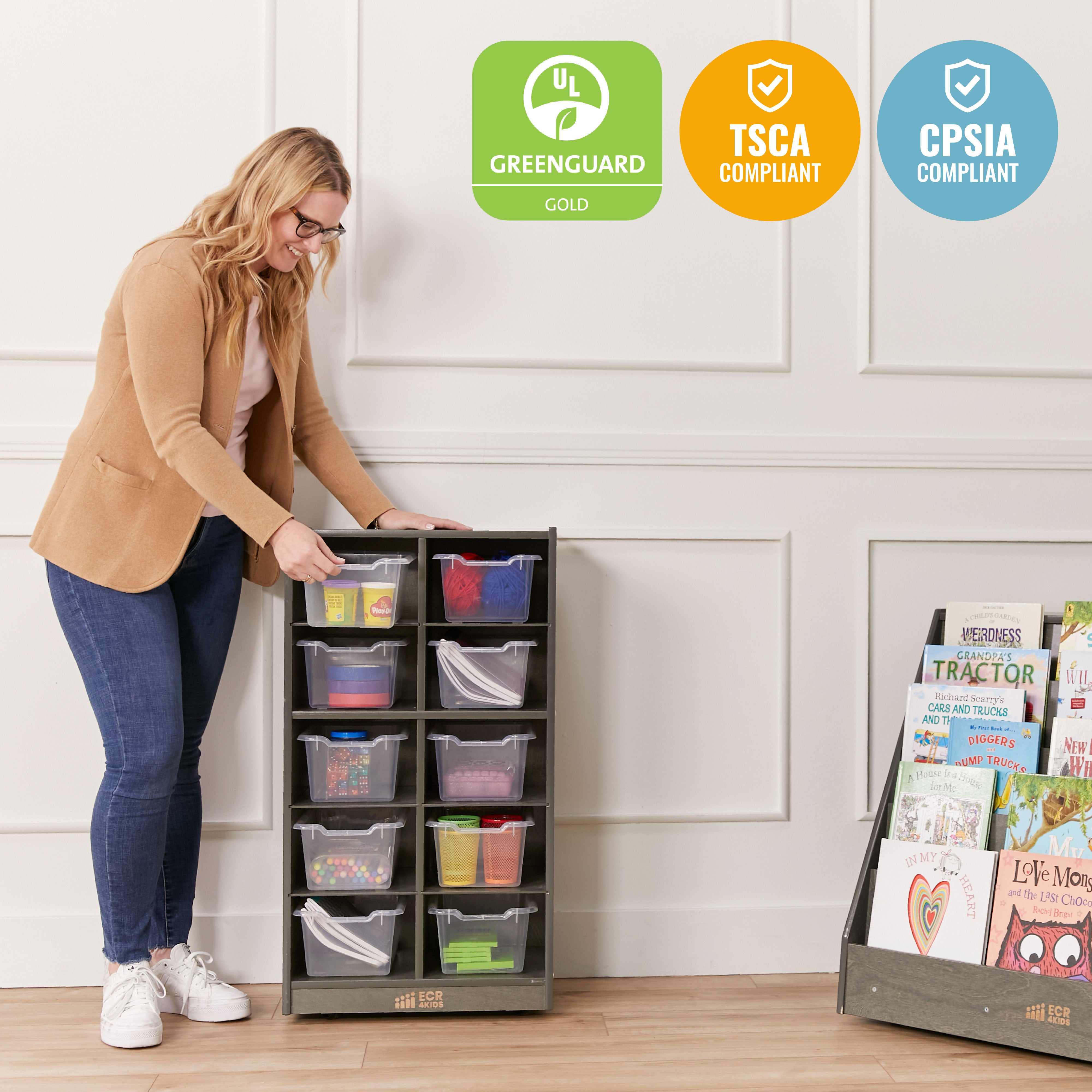 10 Cubby Mobile Tray Cabinet with 10 Scoop Front Storage Bins, 5x2, Grey Wash