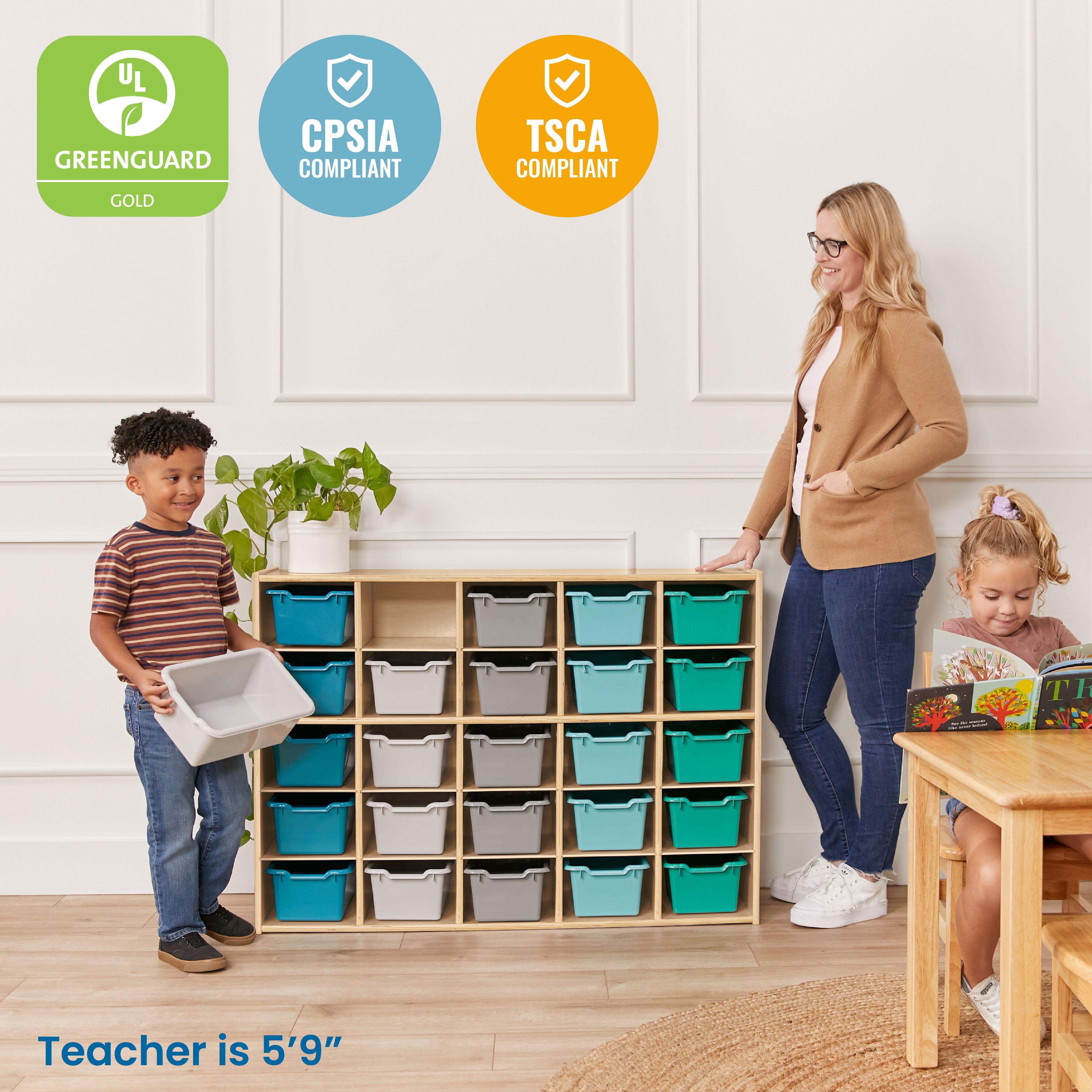 Streamline 25 Cubby Tray Cabinet with 25 Scoop Front Storage Bins, 5x5, Natural