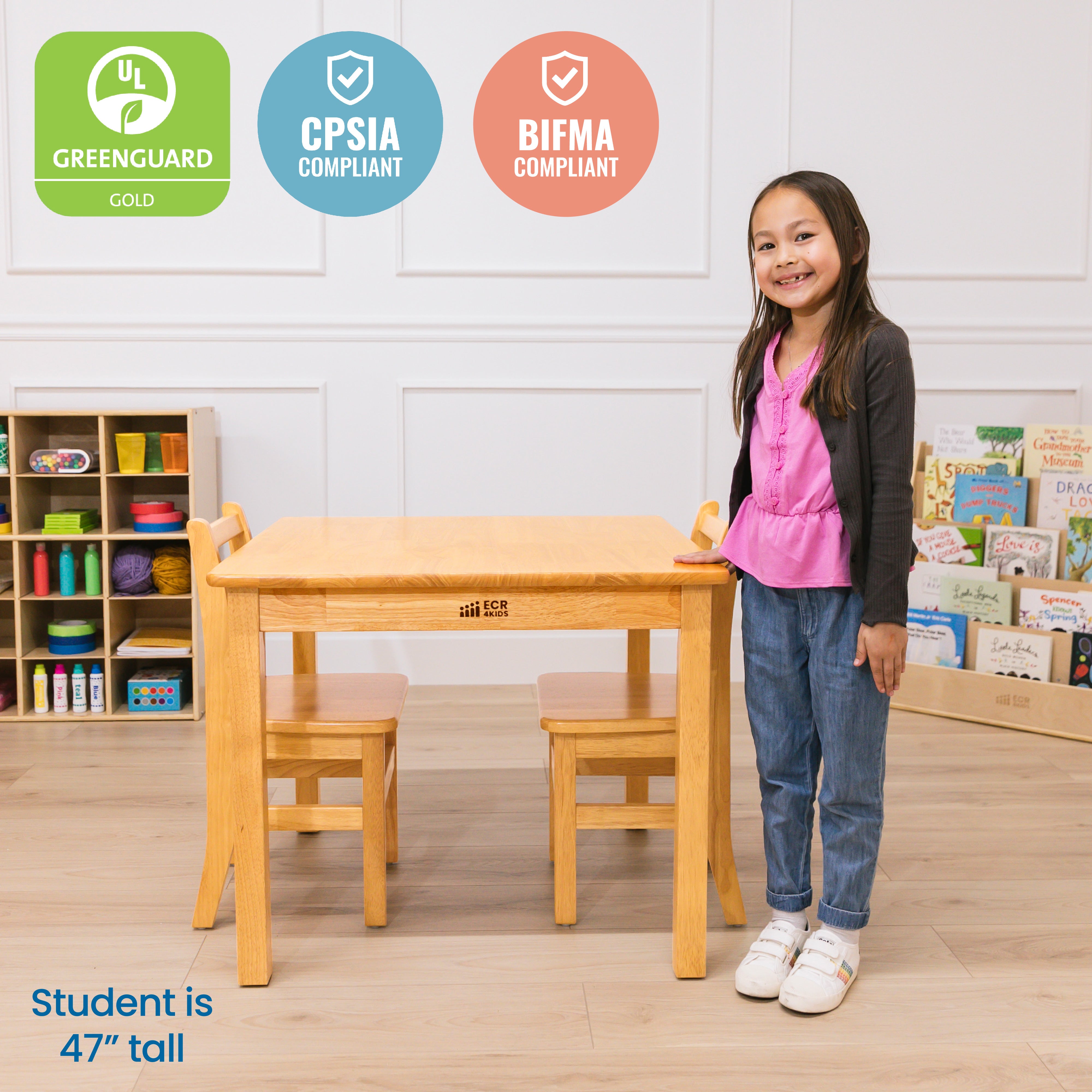 30in D Square Hardwood Table with 24in Legs and Two 14in Chairs, 3-Piece