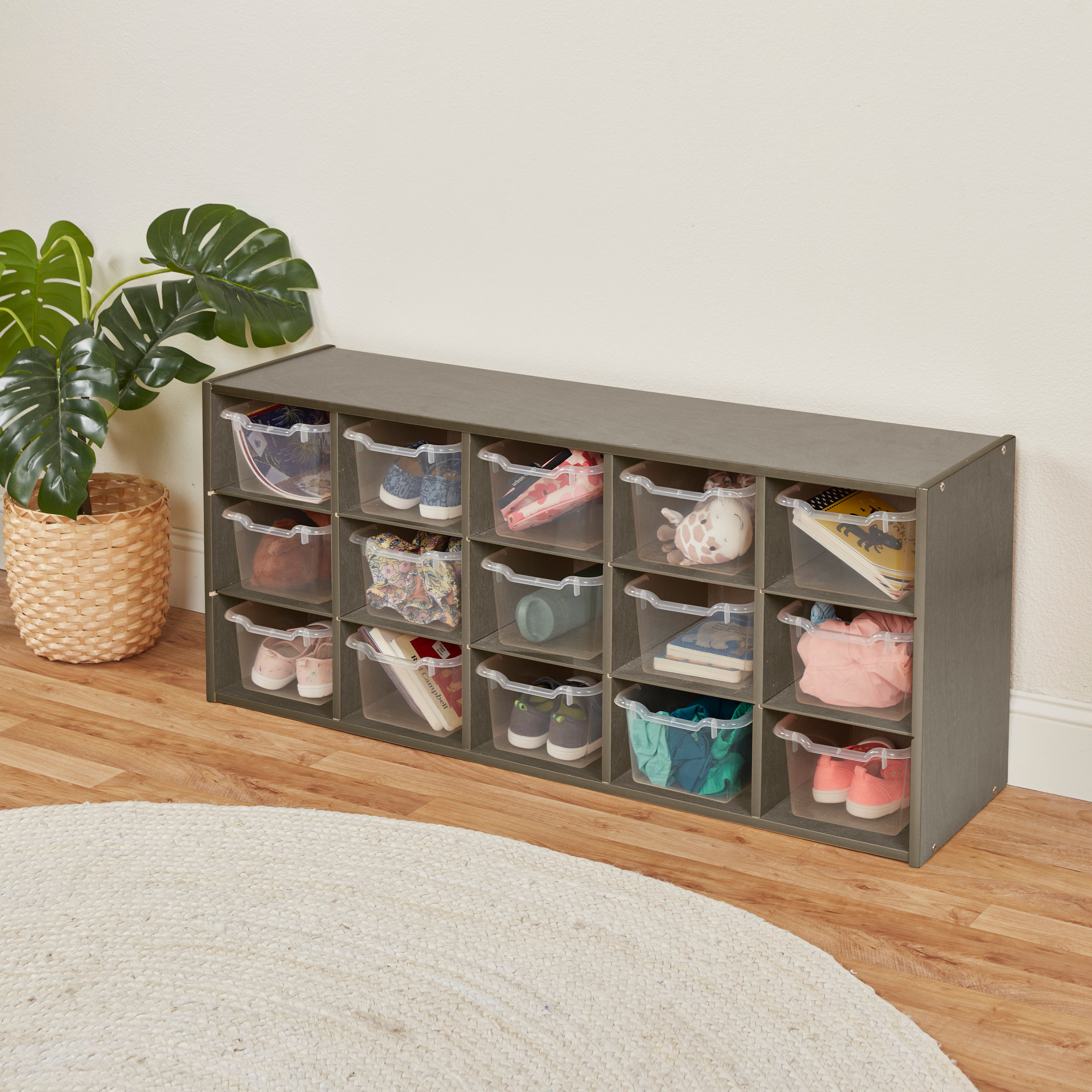 Streamline 15 Cubby Tray Cabinet with 15 Scoop Front Storage Bins, 3x5, Grey Wash