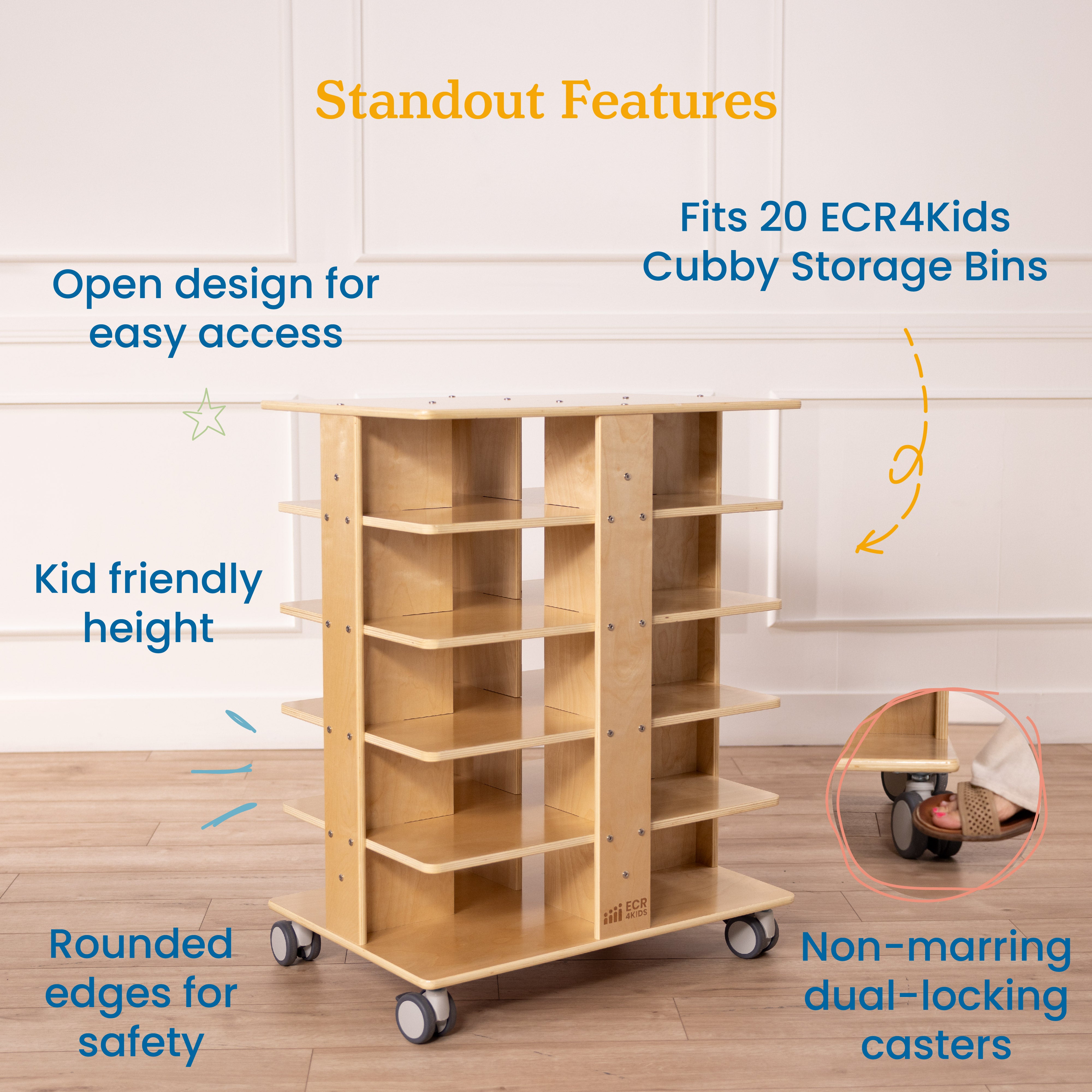 20-Compartment Mobile Storage Tower with Cubby Bins with Lids, 5x4, Natural
