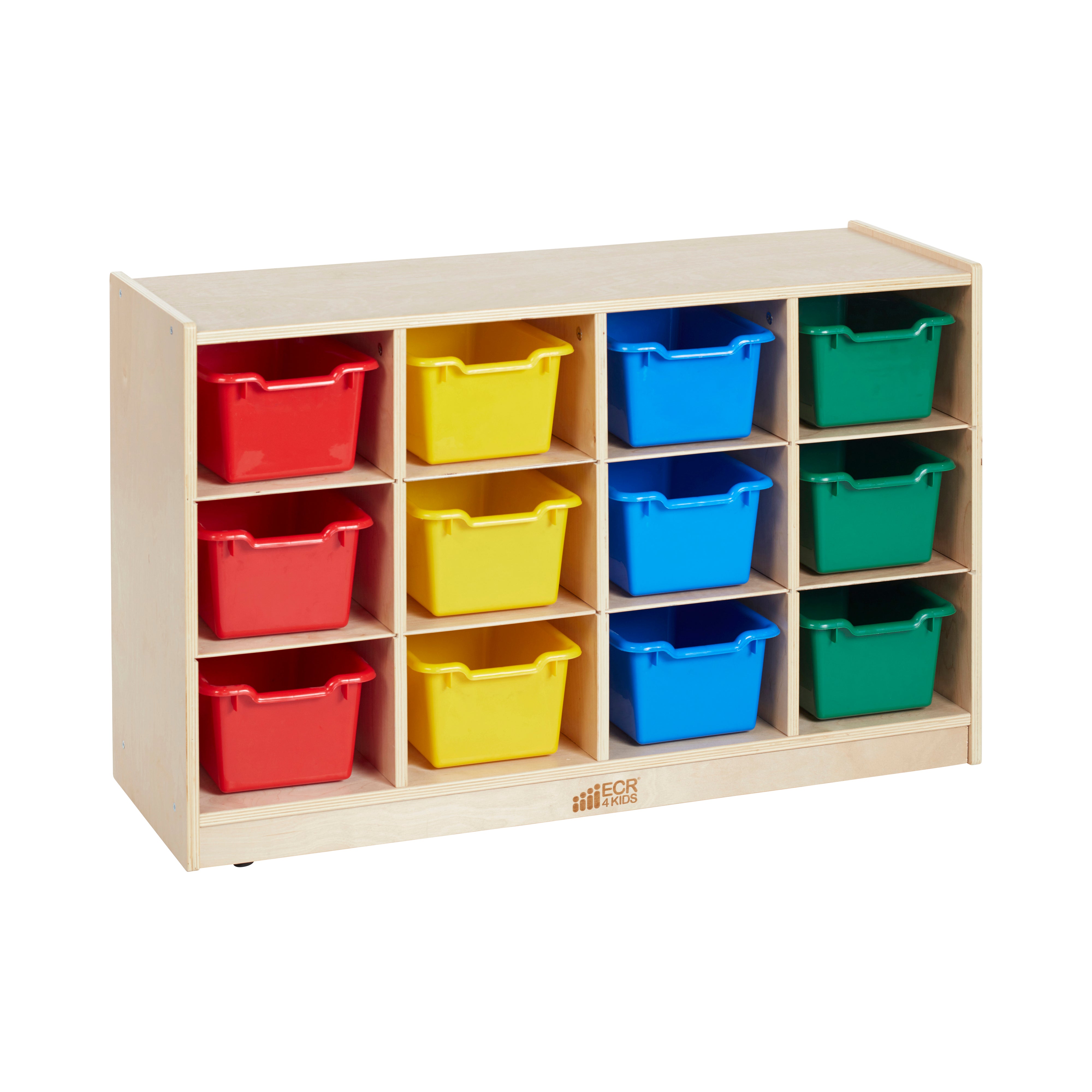 12 Cubby Mobile Tray Cabinet with 15 Scoop Front Storage Bins, 3x4, Natural