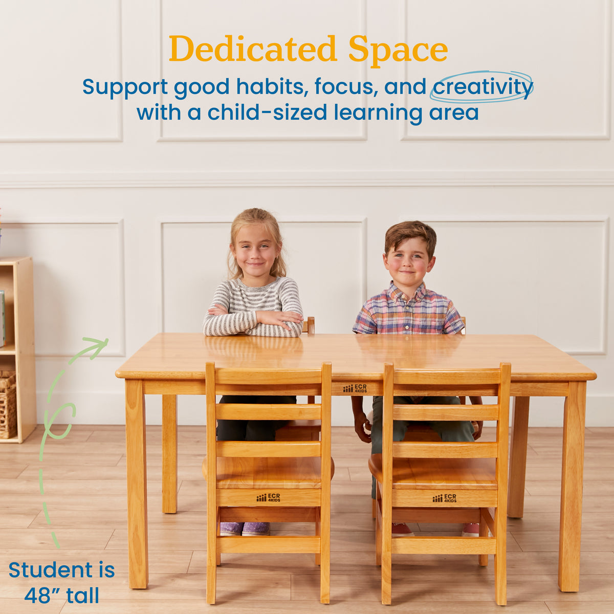 30in x 48in Rectangular Hardwood Table and Four Chairs, 12in Seat Height, 5-Piece