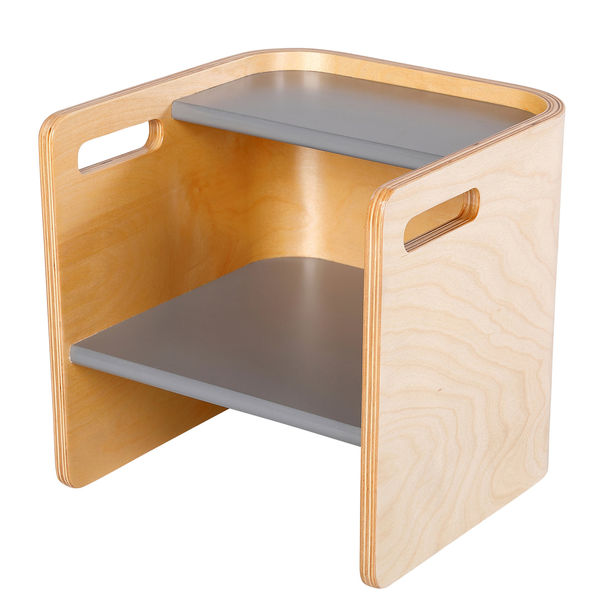 Bentwood cube with gray seat and top surface, featuring curved wooden sides and handle cutouts.