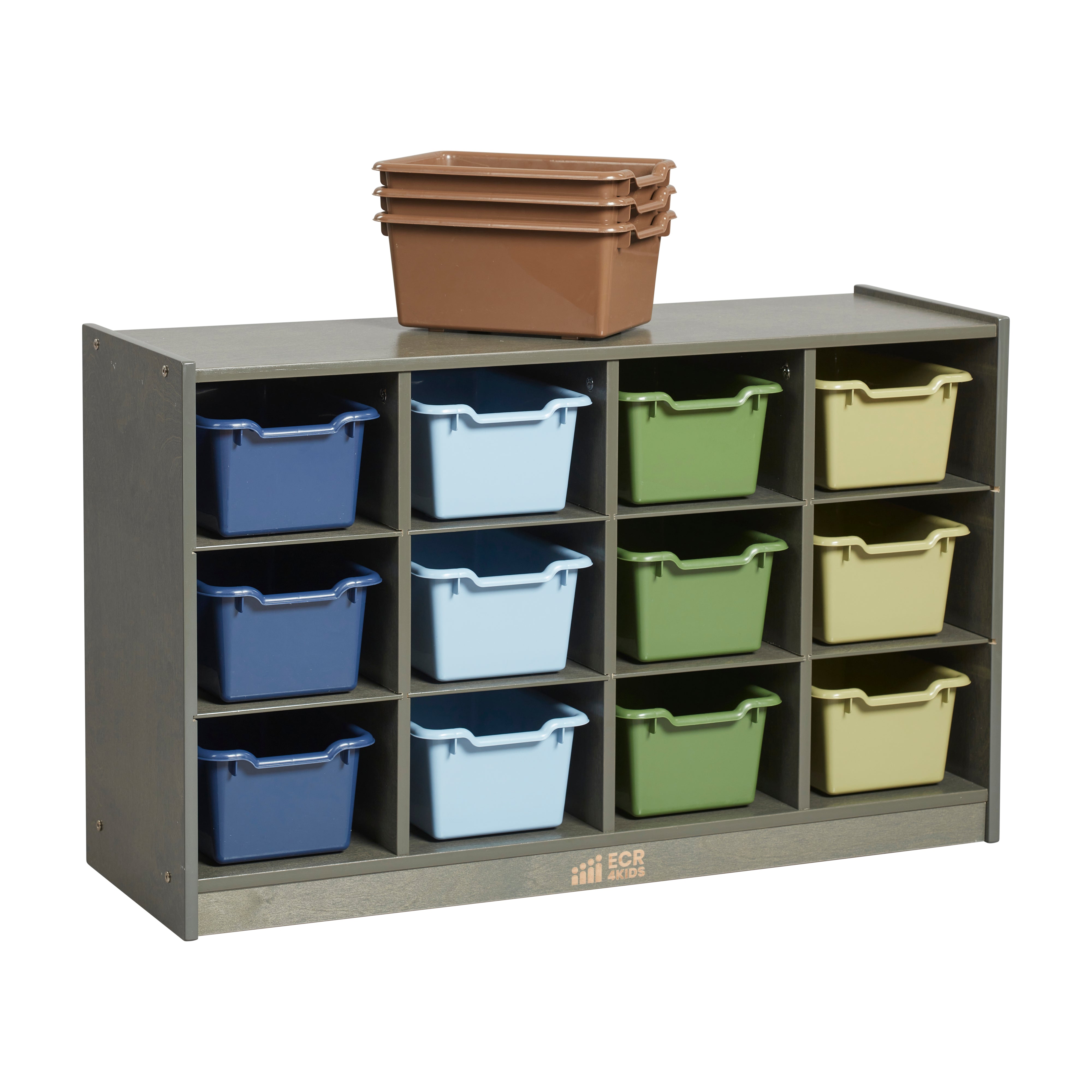 12 Cubby Mobile Tray Cabinet with 15 Scoop Front Storage Bins, 3x4, Grey Wash