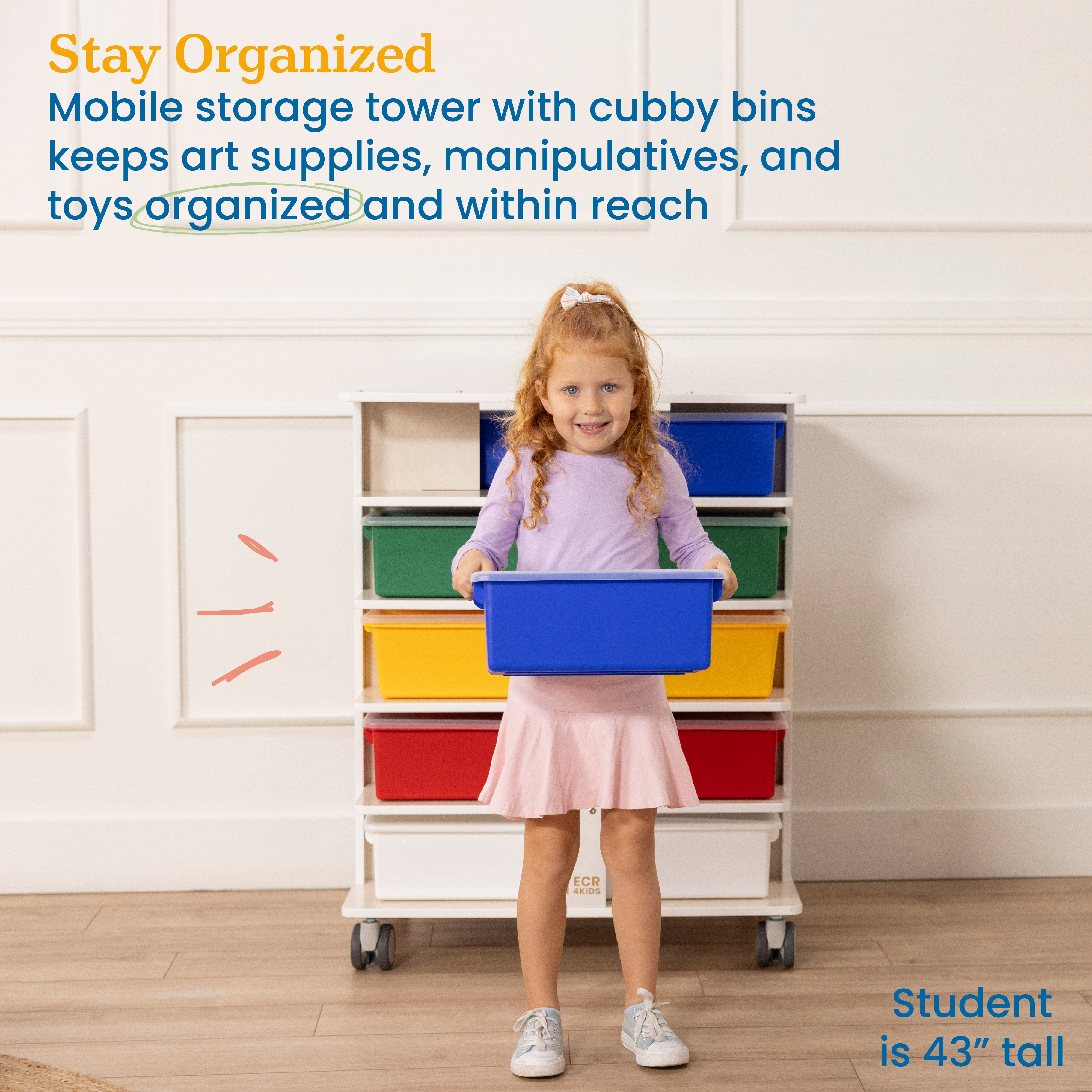 20-Compartment Mobile Storage Tower with Cubby Bins with Lids, 5x4, White Wash, Classroom Furniture