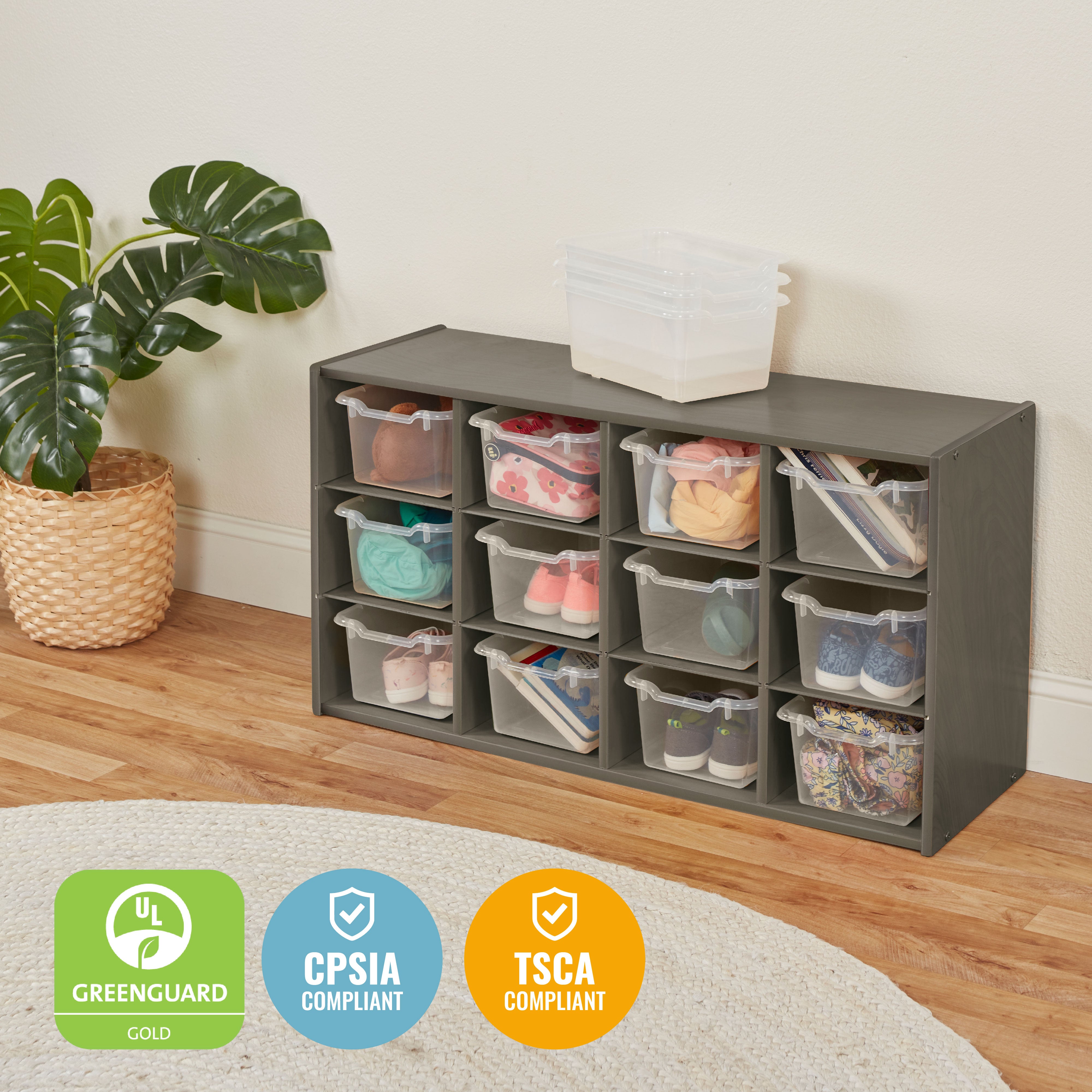 Streamline 12 Cubby Tray Cabinet with Scoop Front Storage Bins, 3x4, Grey Wash, Classroom Furniture