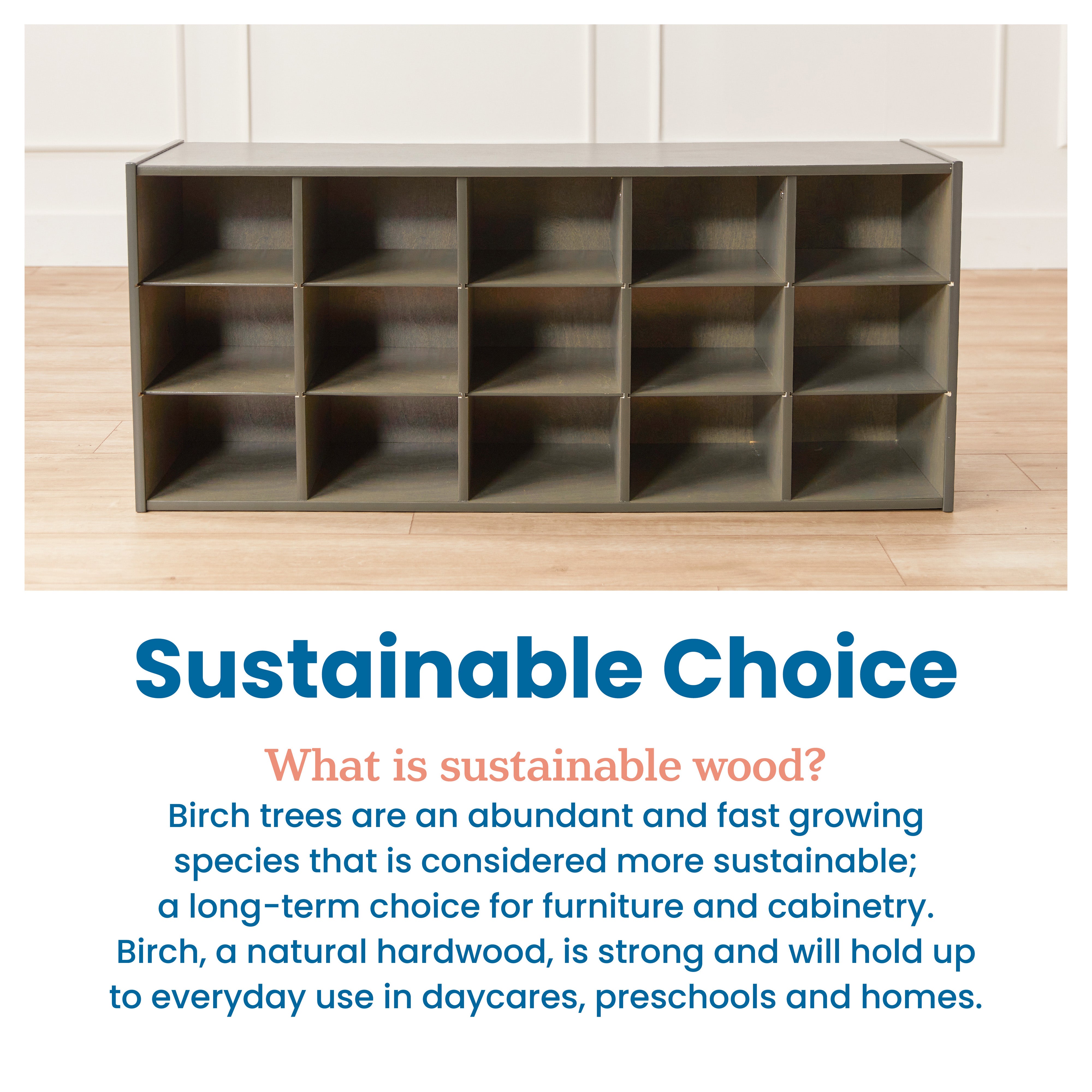 Streamline 15 Cubby Tray Cabinet with 15 Scoop Front Storage Bins, 3x5, Grey Wash