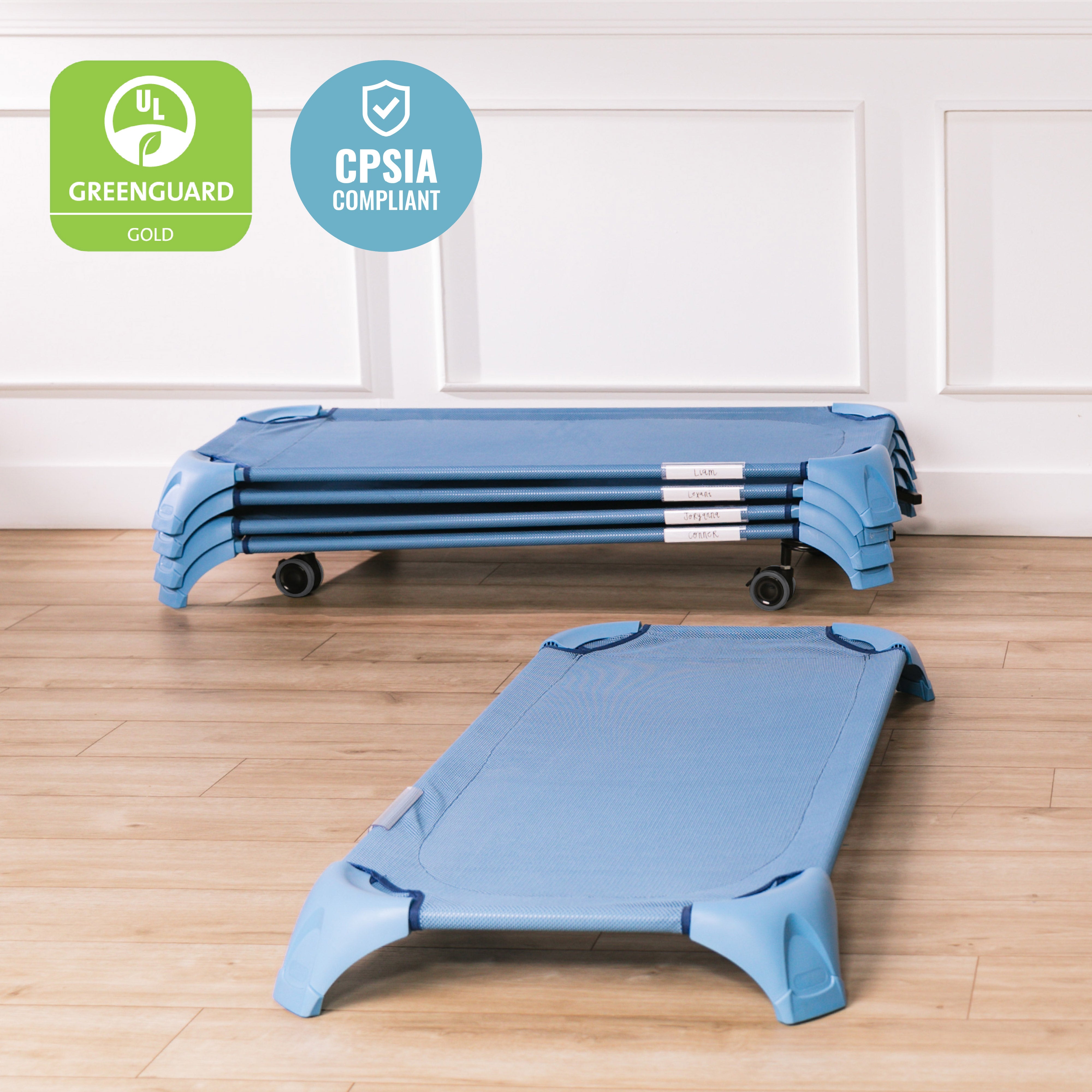 Stackable Cozy Cots with Universal Cot Trolley, 6-Pack