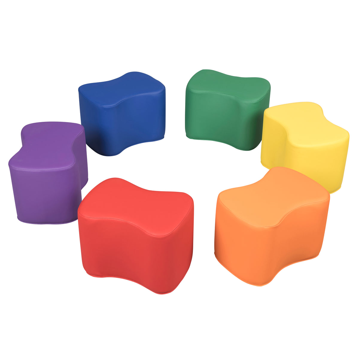 Six curved foam stools in purple, blue, green, yellow, red, and orange arranged in a circle.