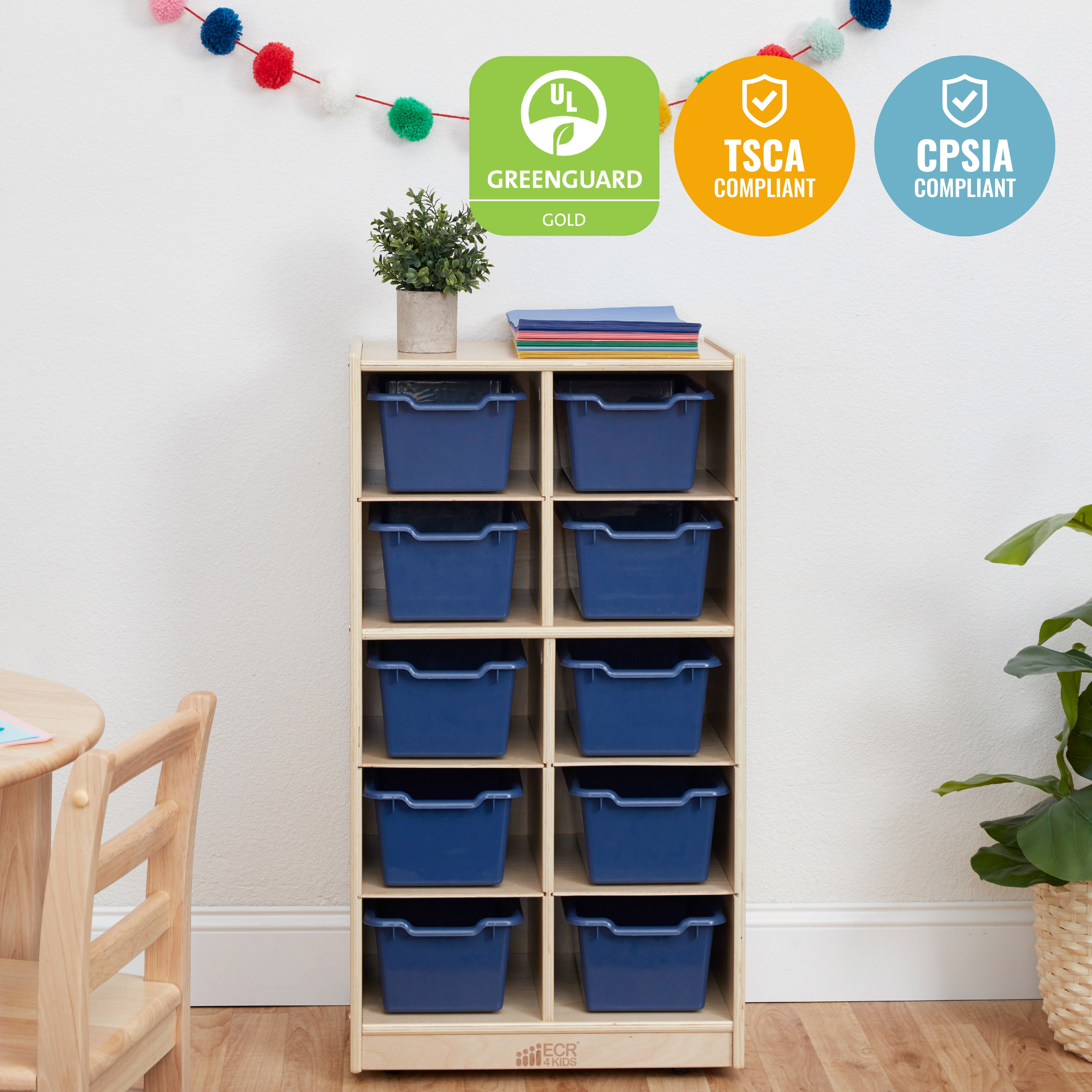 10 Cubby Mobile Tray Cabinet with 10 Scoop Front Storage Bins, 5x2, Natural