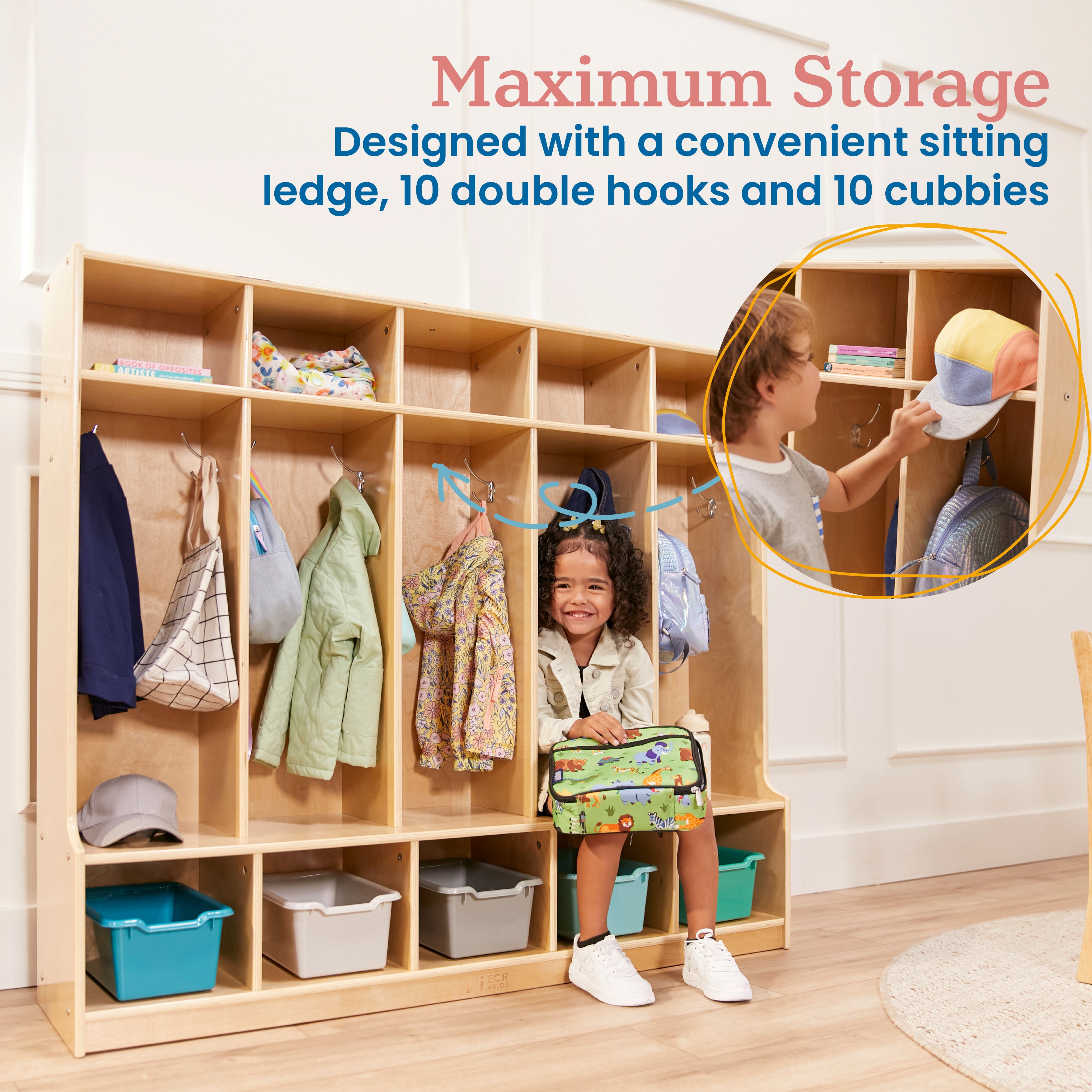 5-Section Coat Locker with Bench and 5 Scoop Front Bins