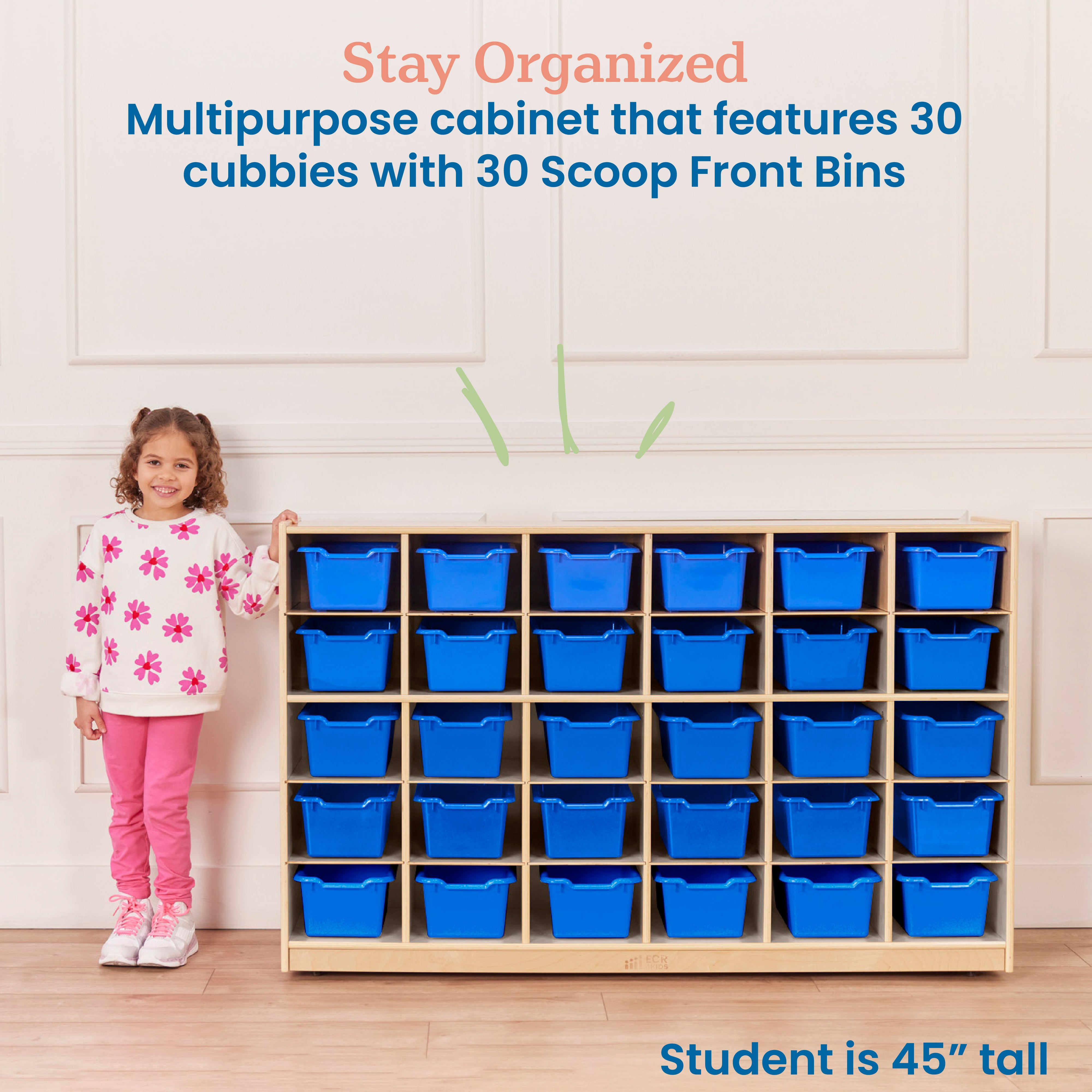 30 Cubby Mobile Tray Cabinet with 30 Scoop Front Storage Bins, 5x6, Natural