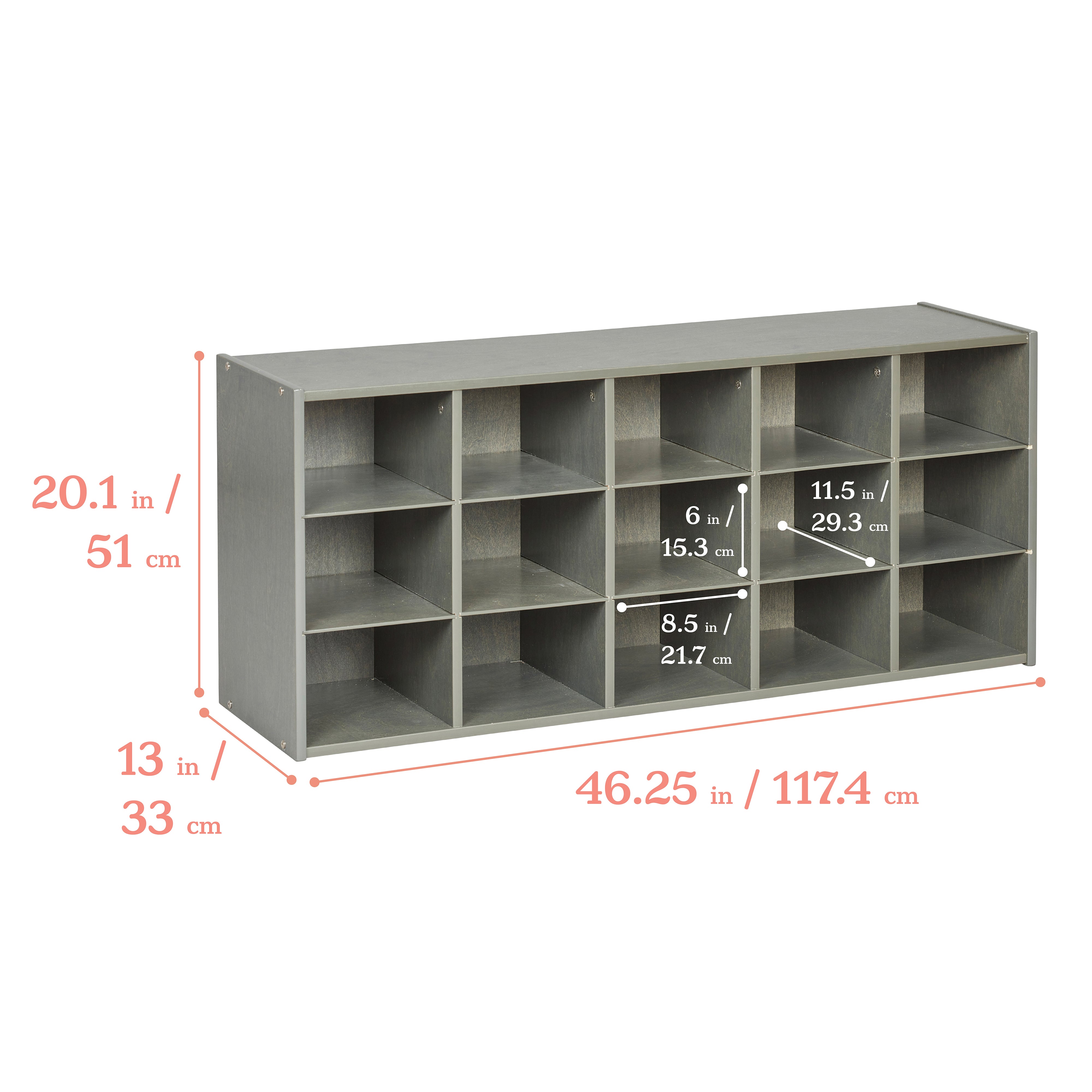 Streamline 15 Cubby Tray Cabinet with 15 Scoop Front Storage Bins, 3x5, Grey Wash