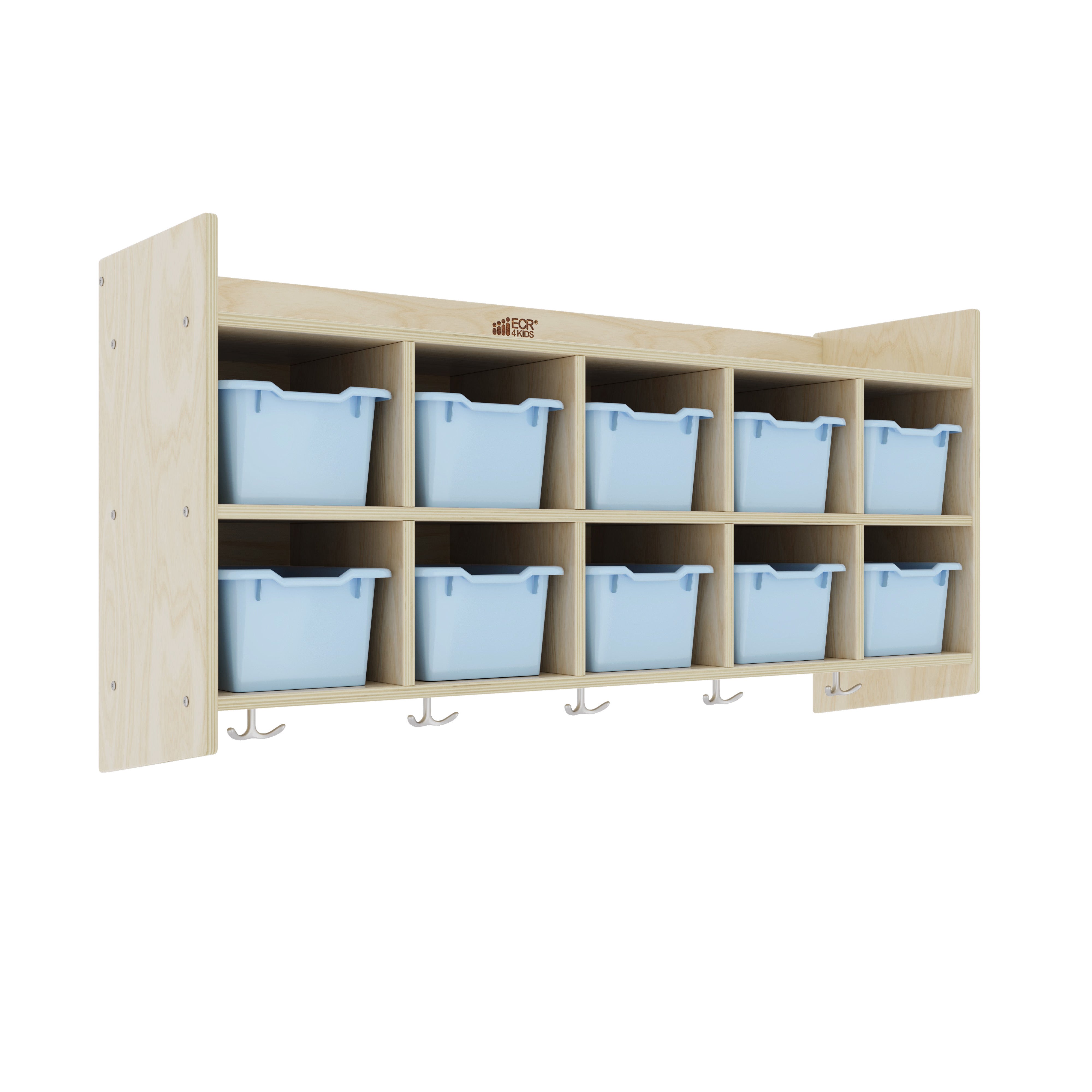 10-Section Hanging Coat Locker with Shelf and Scoop Front Storage Bins, Natural