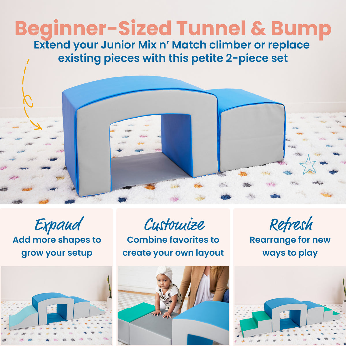 Toddler crawling through gray and blue foam tunnel and bump pieces on white carpet.