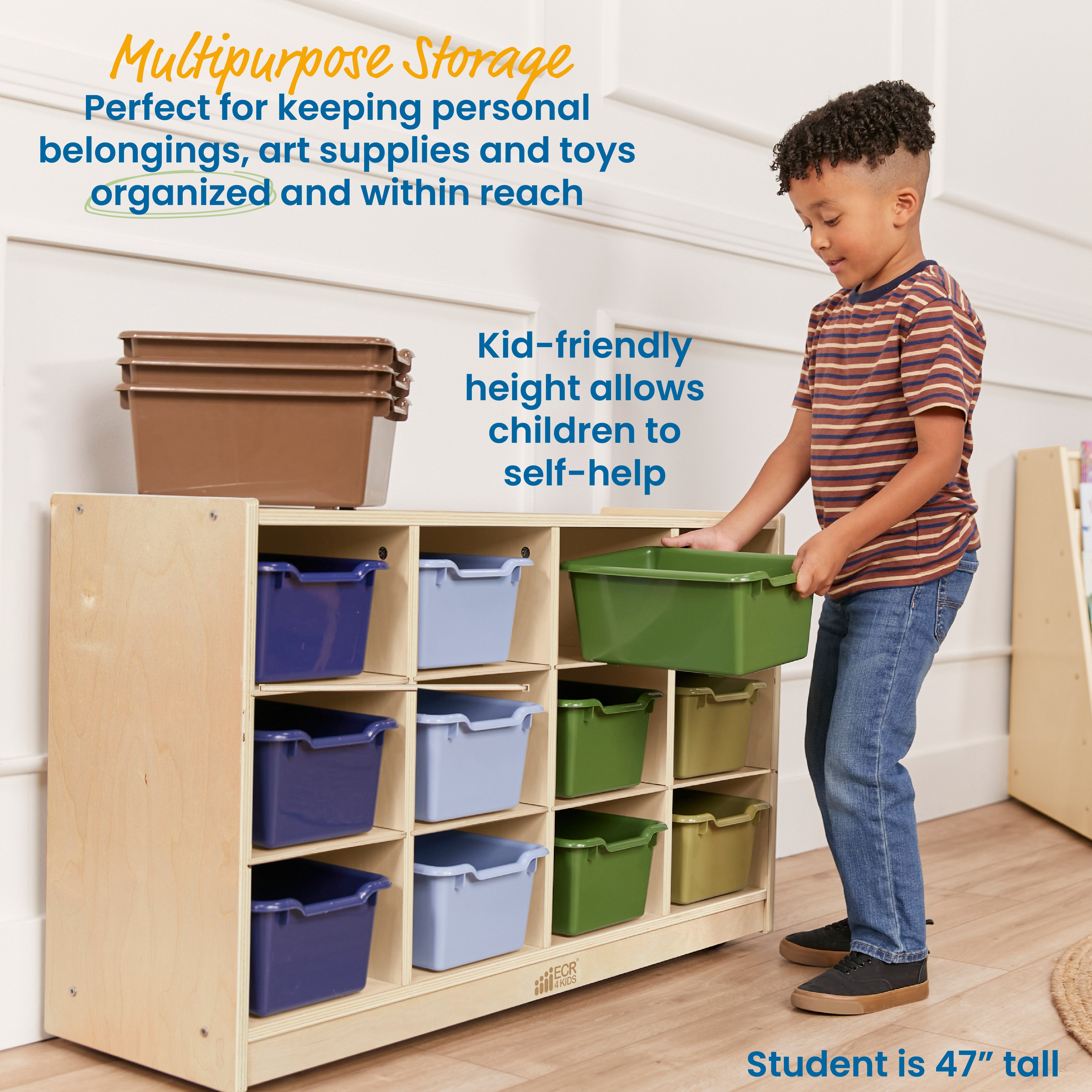 12 Cubby Mobile Tray Cabinet with 15 Scoop Front Storage Bins, 3x4, Natural