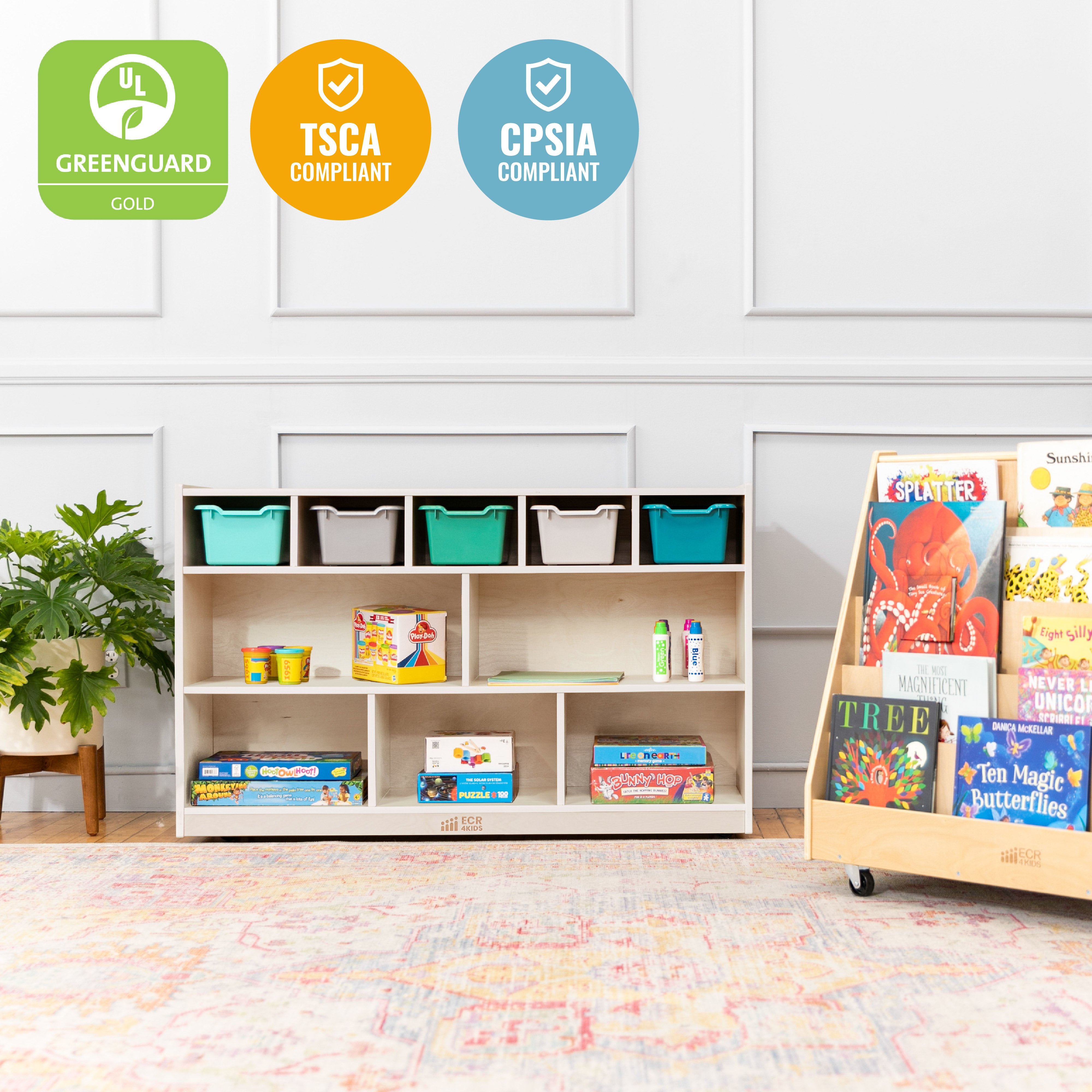 5+5 Mobile Storage and Tray Cabinet with 5 Scoop Front Bins, White Wash