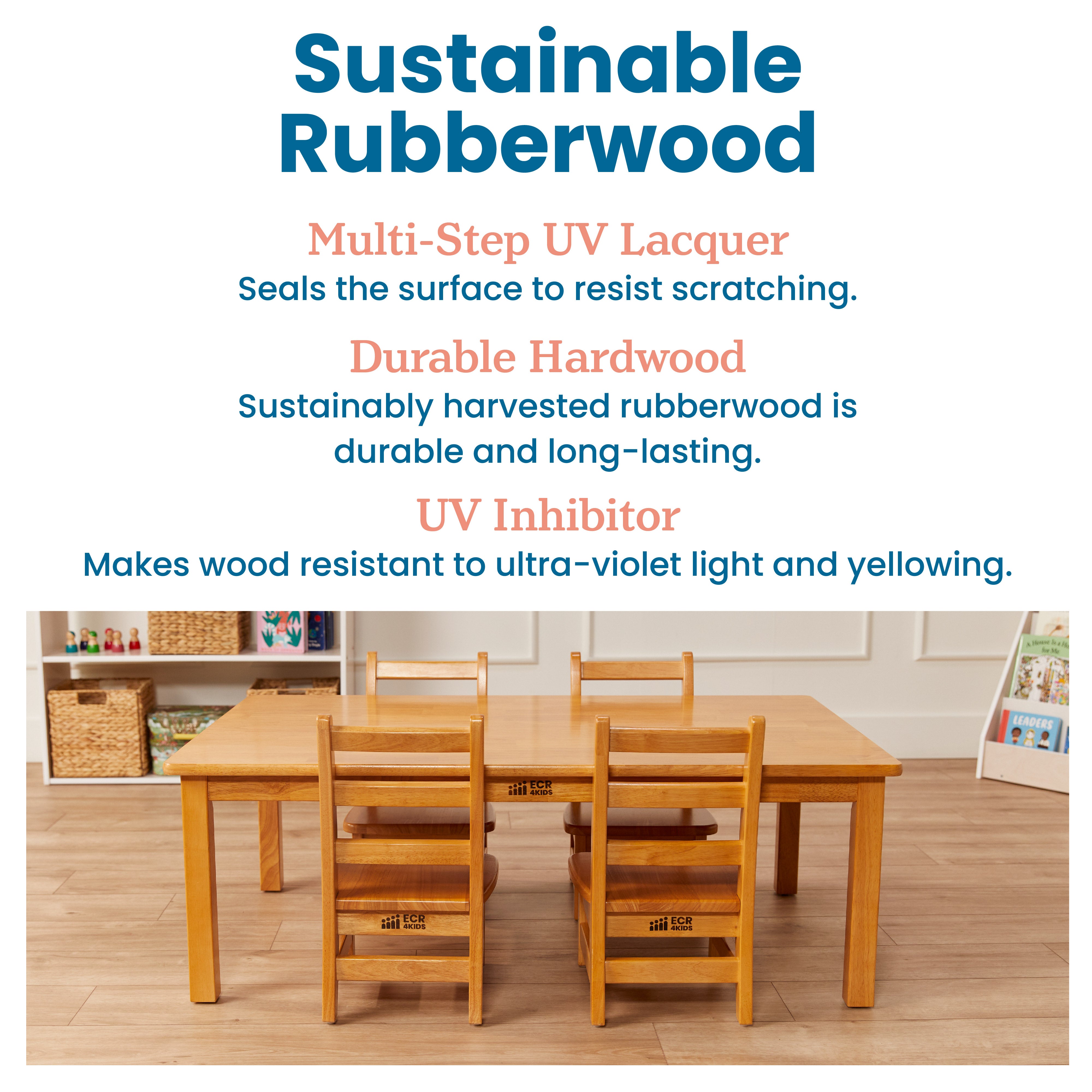 30in x 48in Rectangular Hardwood Table with 16in Legs and Four 8in Chairs, 5-Piece