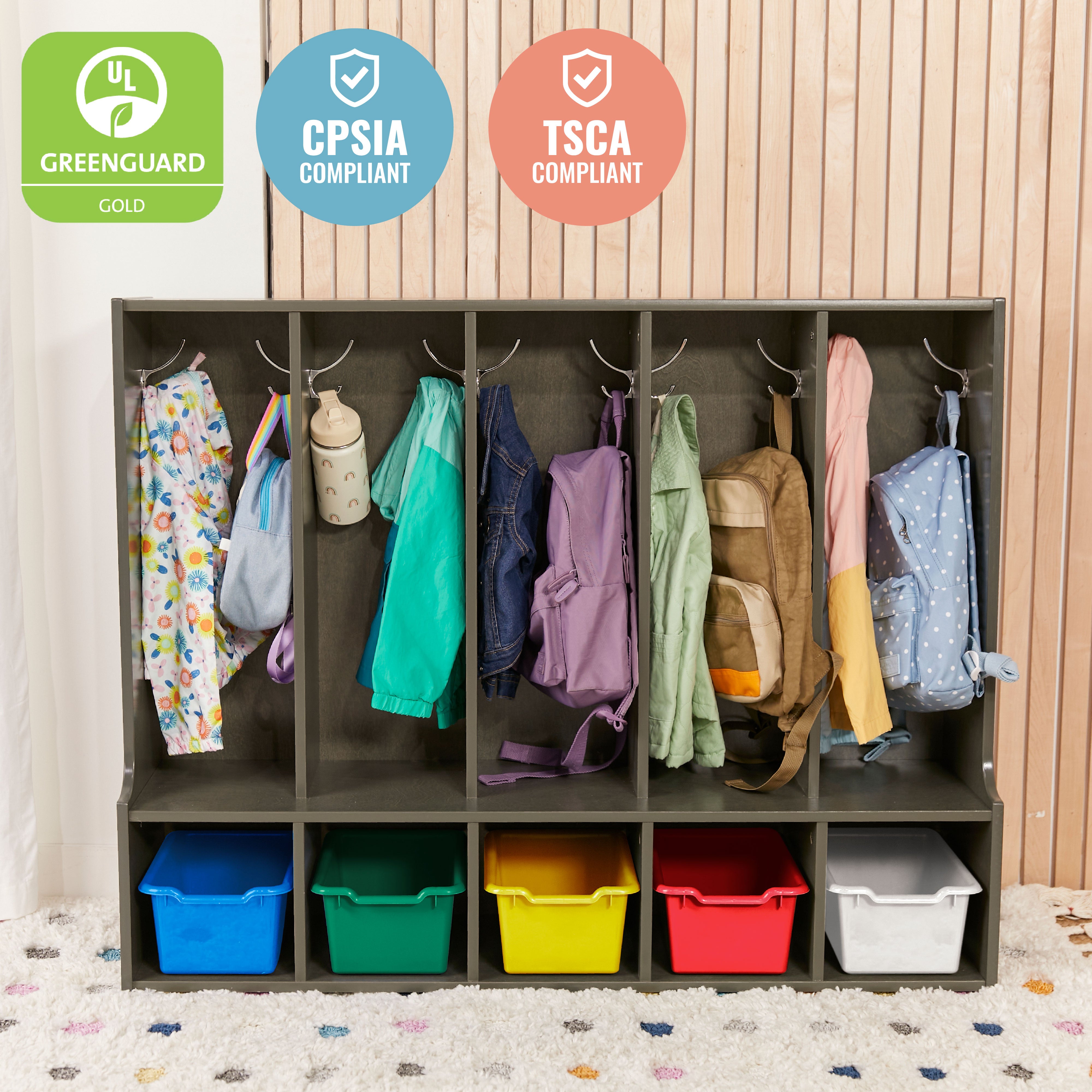 Streamline 5-Section Toddler Coat Locker with Bench and Bins