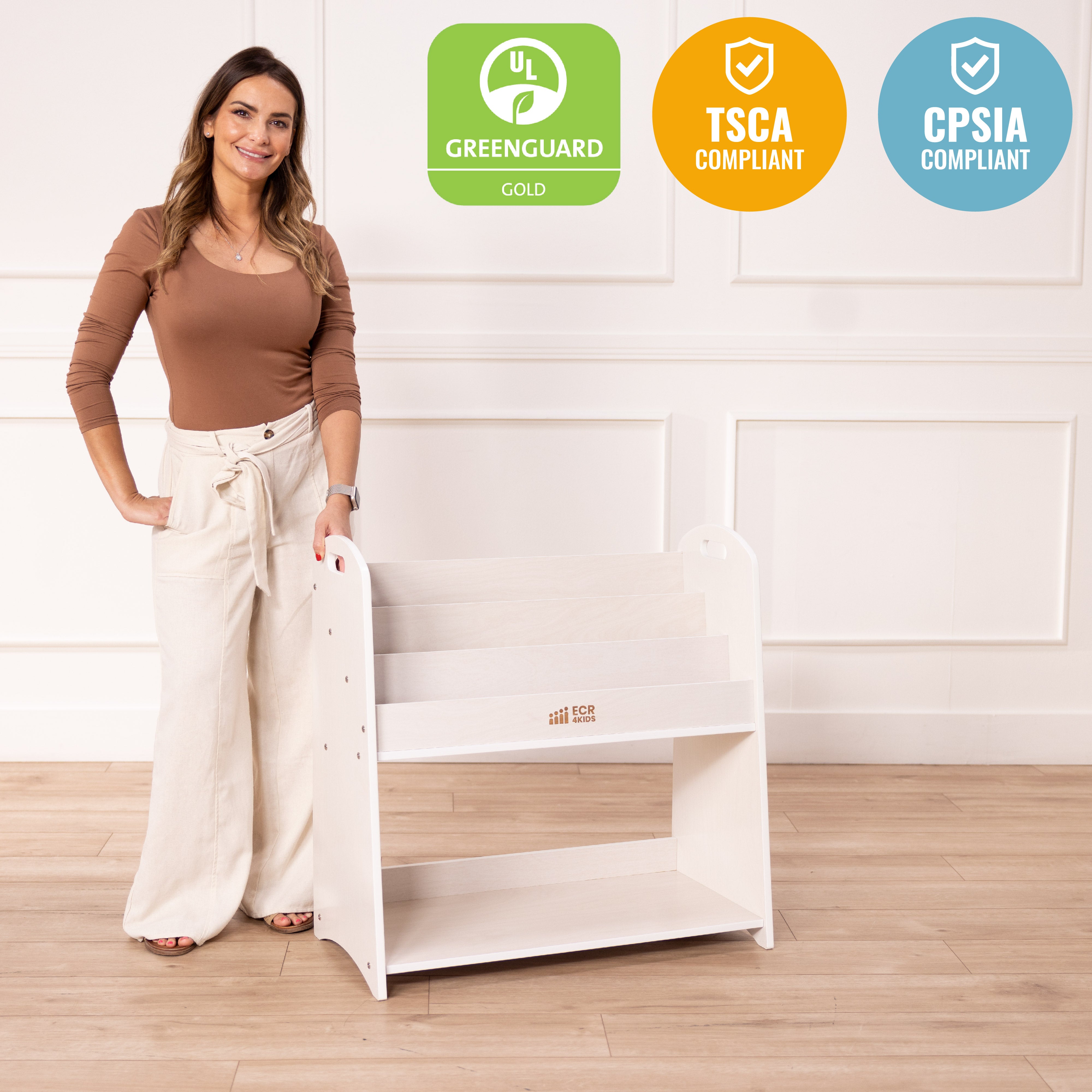 3-Shelf Floor Book Display with Handles and Storage, 30in