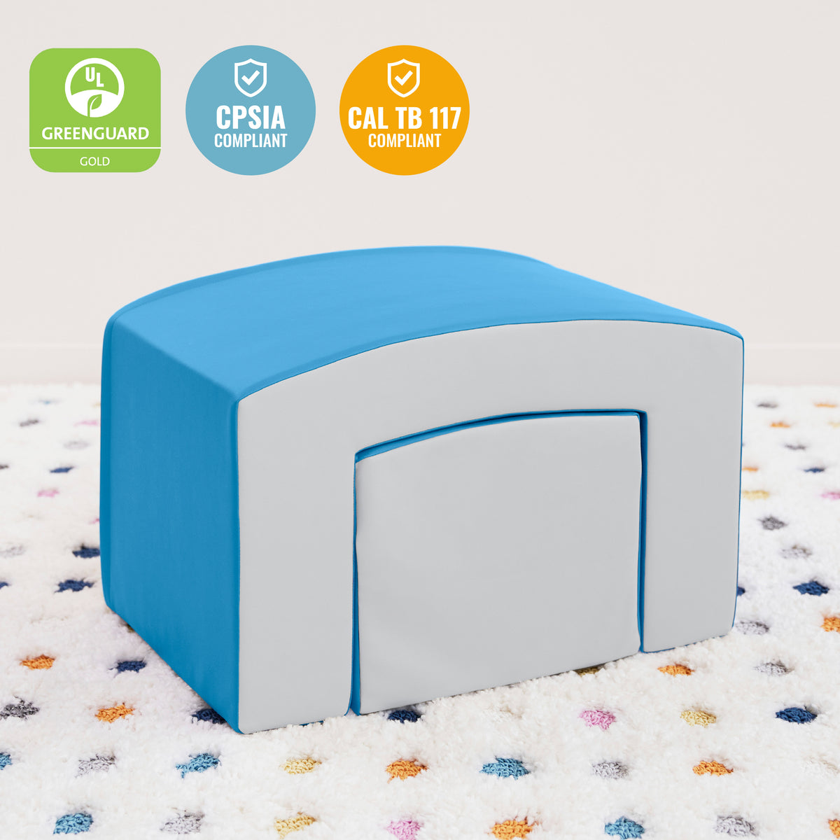 Two-piece foam climb set with blue tunnel section and teal curved bump piece on checkered floor.