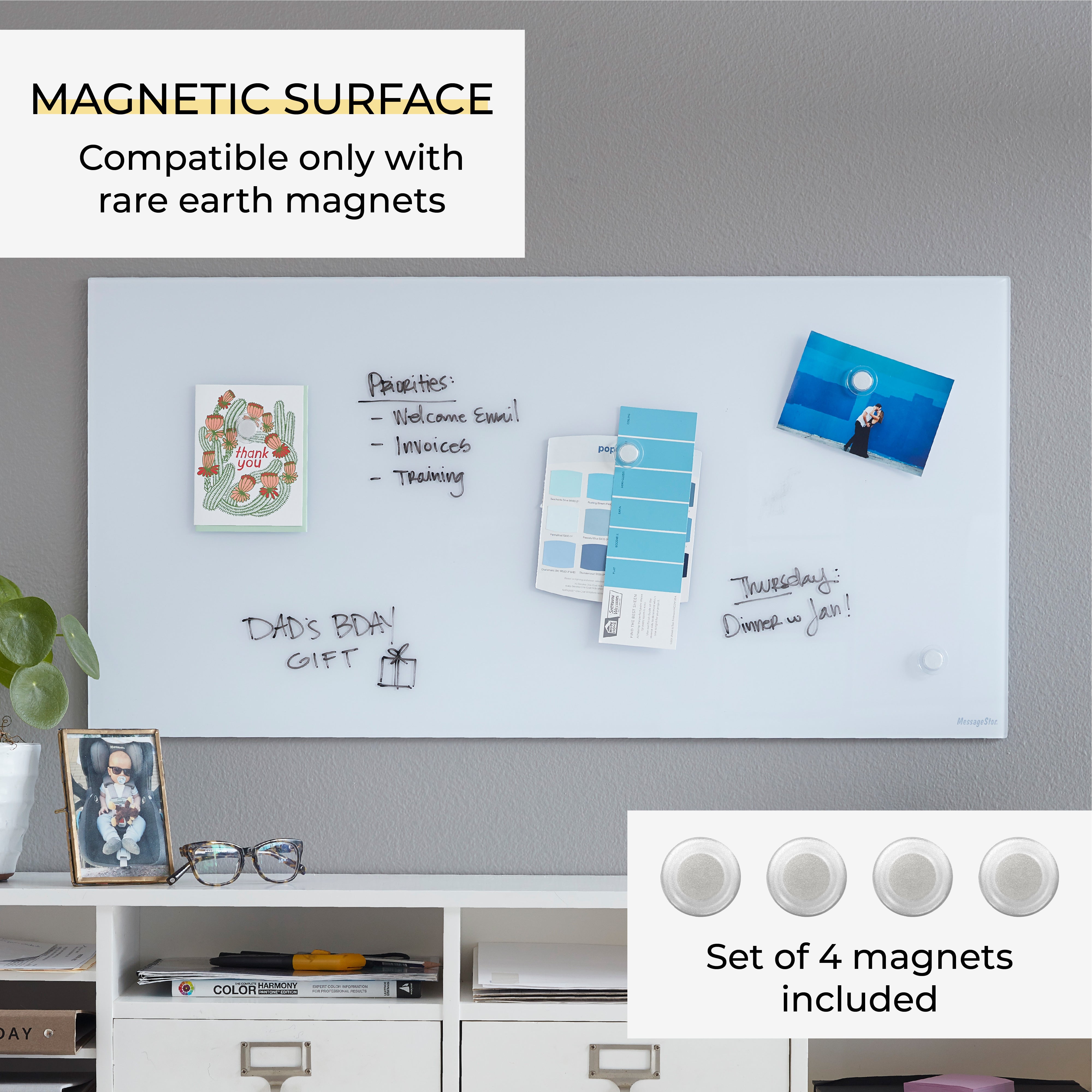 MessageStor Magnetic Dry-Erase Glass Board with Magnets, 18in x 36in