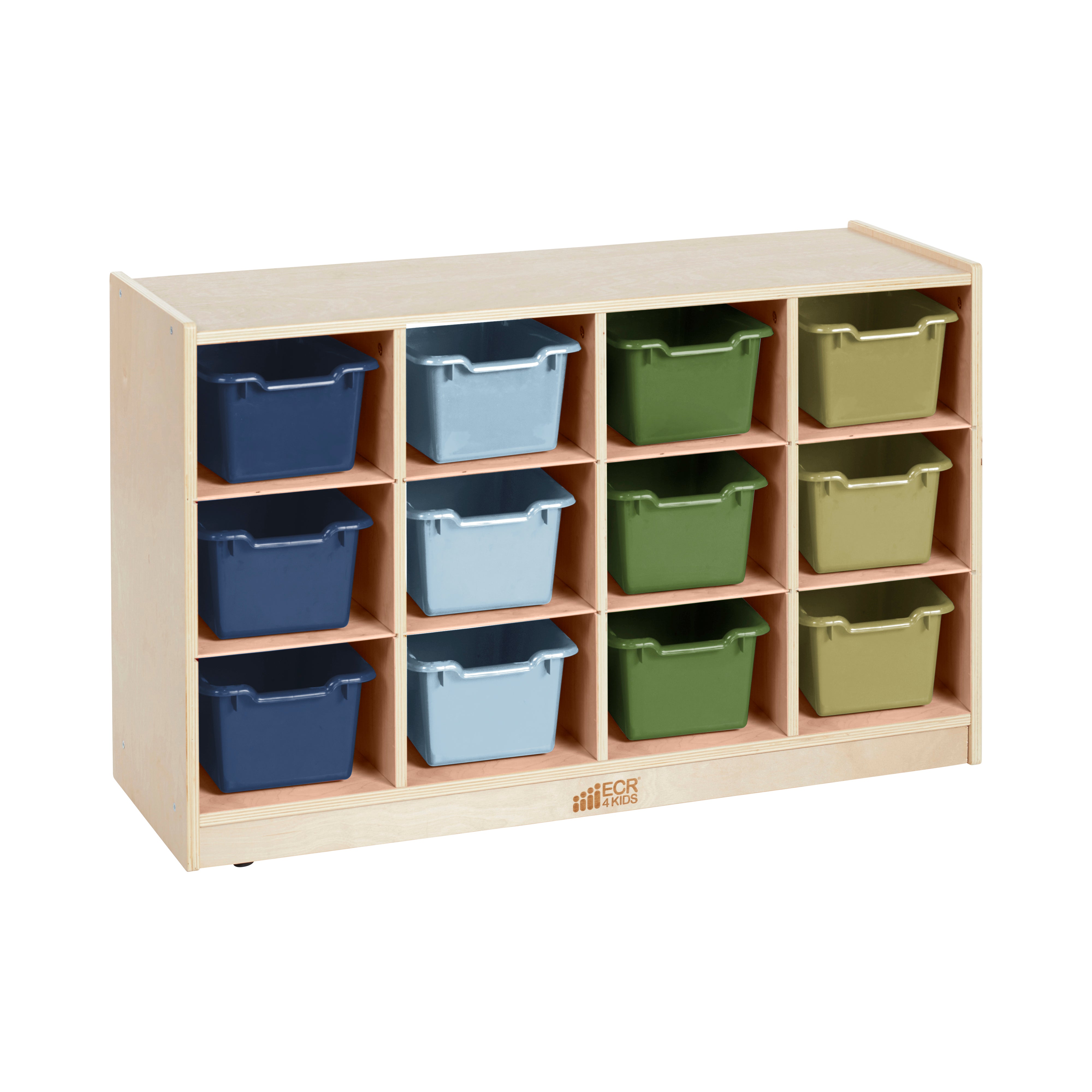 12 Cubby Mobile Tray Cabinet with 15 Scoop Front Storage Bins, 3x4, Natural