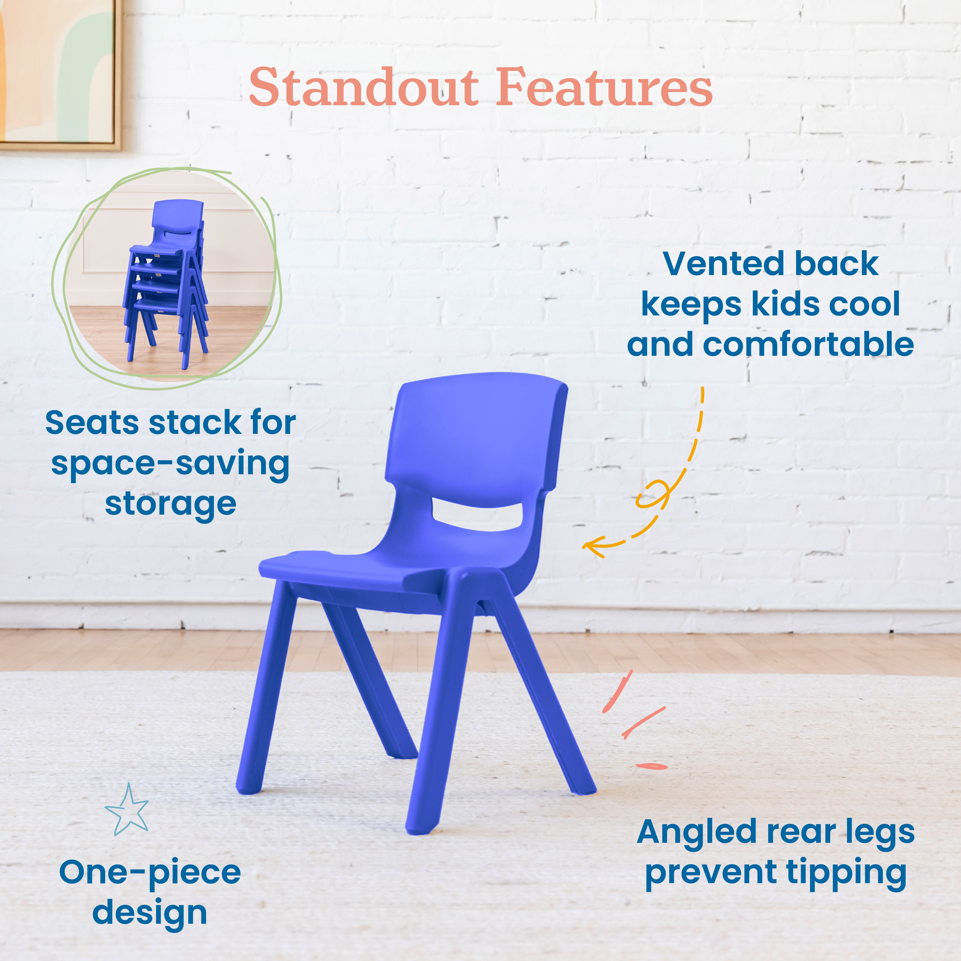 Plastic School Stack Chair for Indoors and Outdoors, Flexible Seating, 14in Seat Height, 4-Pack