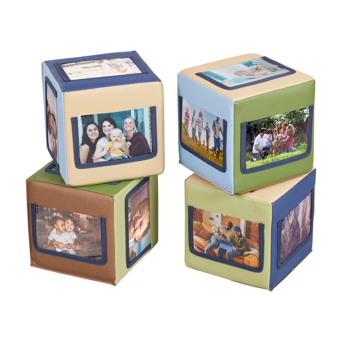 Four stacking blocks in various colors with photo windows displaying family pictures on each side.