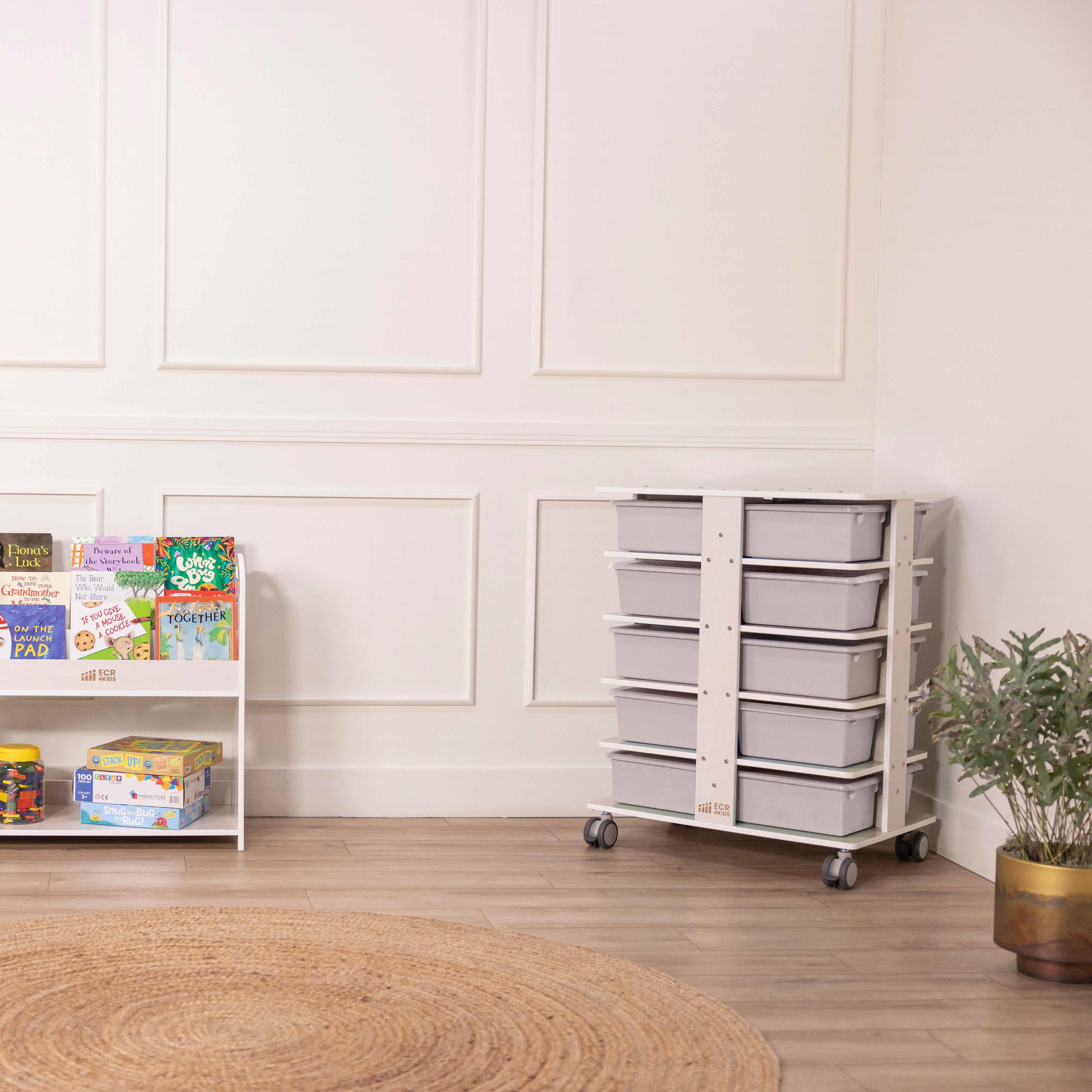 20-Compartment Mobile Storage Tower with Cubby Bins with Lids, 5x4, White Wash, Classroom Furniture
