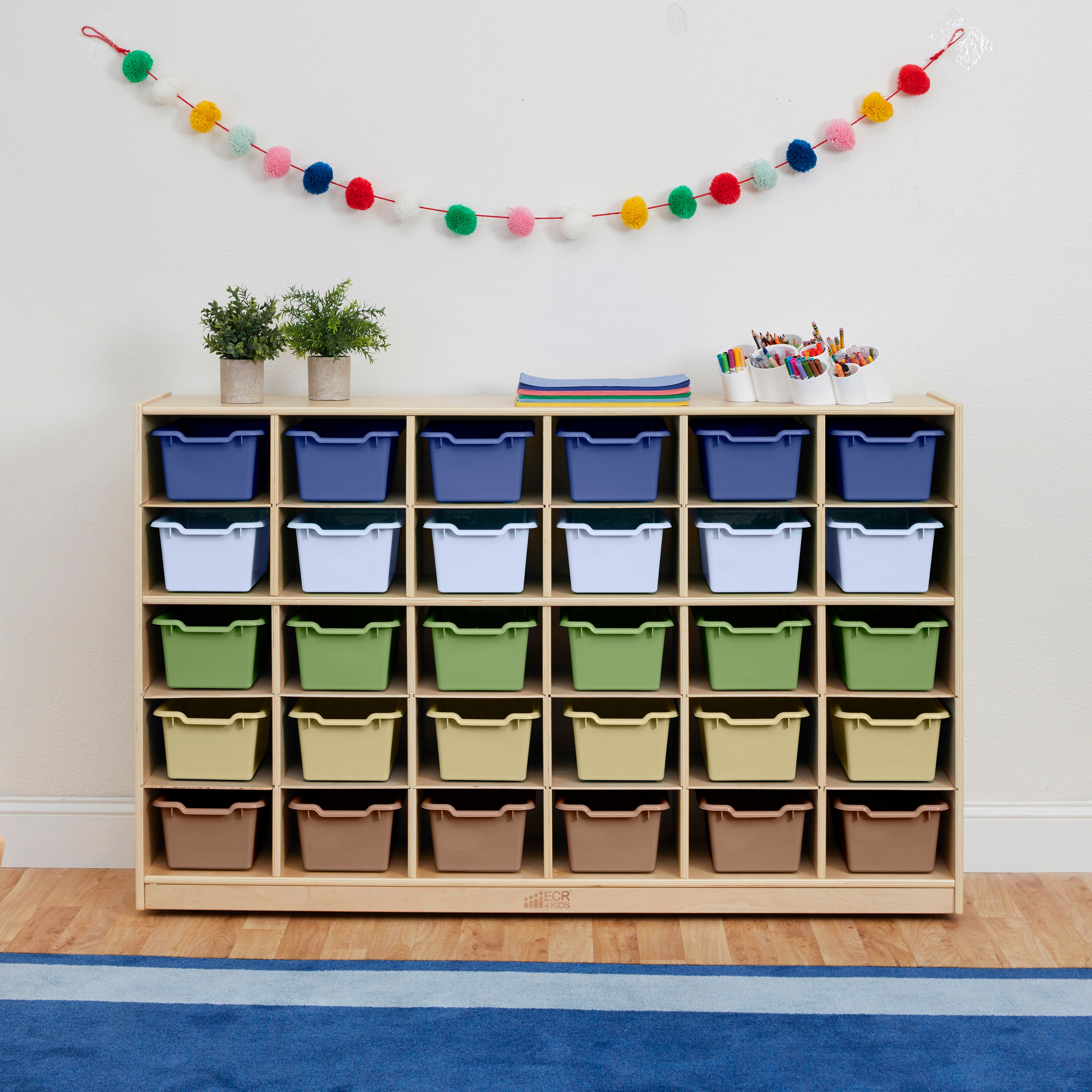 30 Cubby Mobile Tray Cabinet with 30 Scoop Front Storage Bins, 5x6, Natural