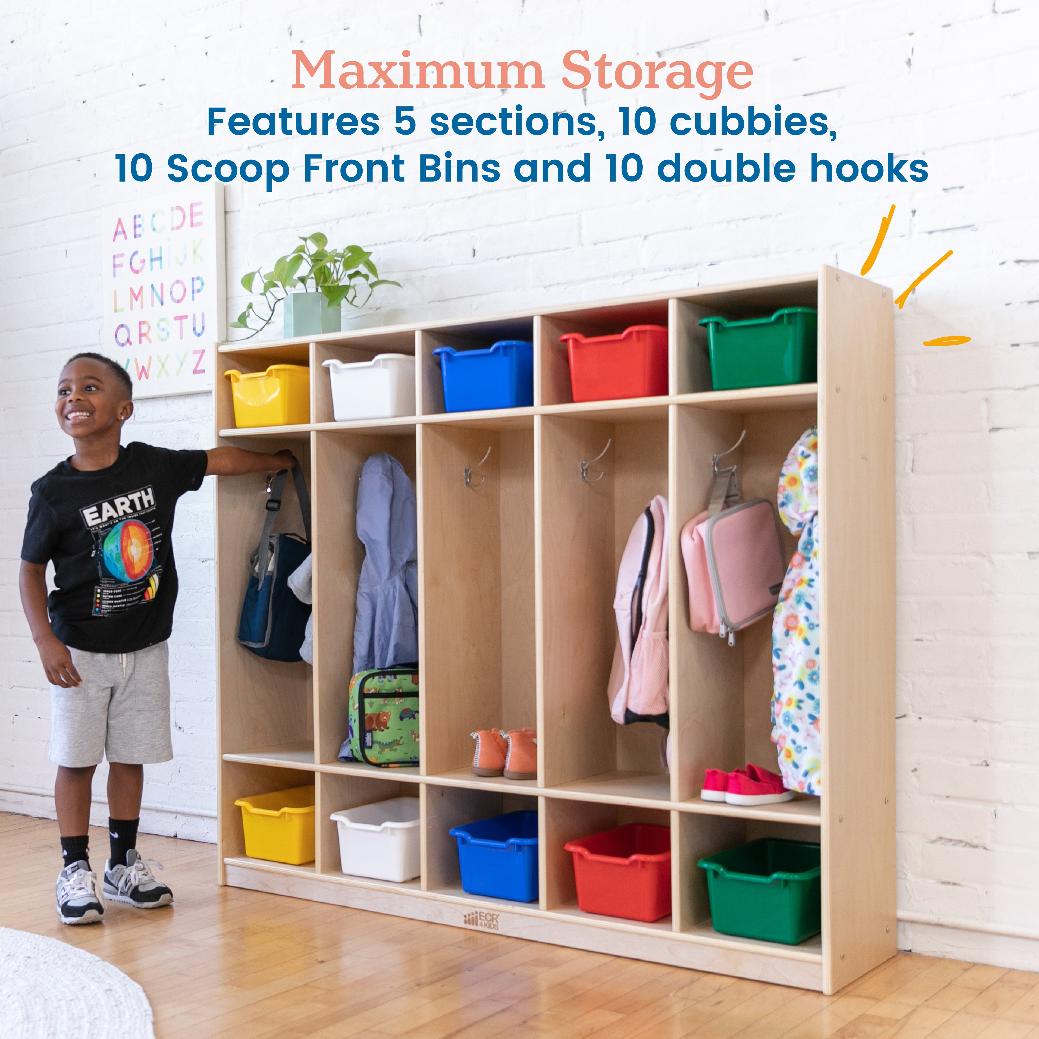 5-Section Coat Locker and Scoop Front Storage Bins, Natural