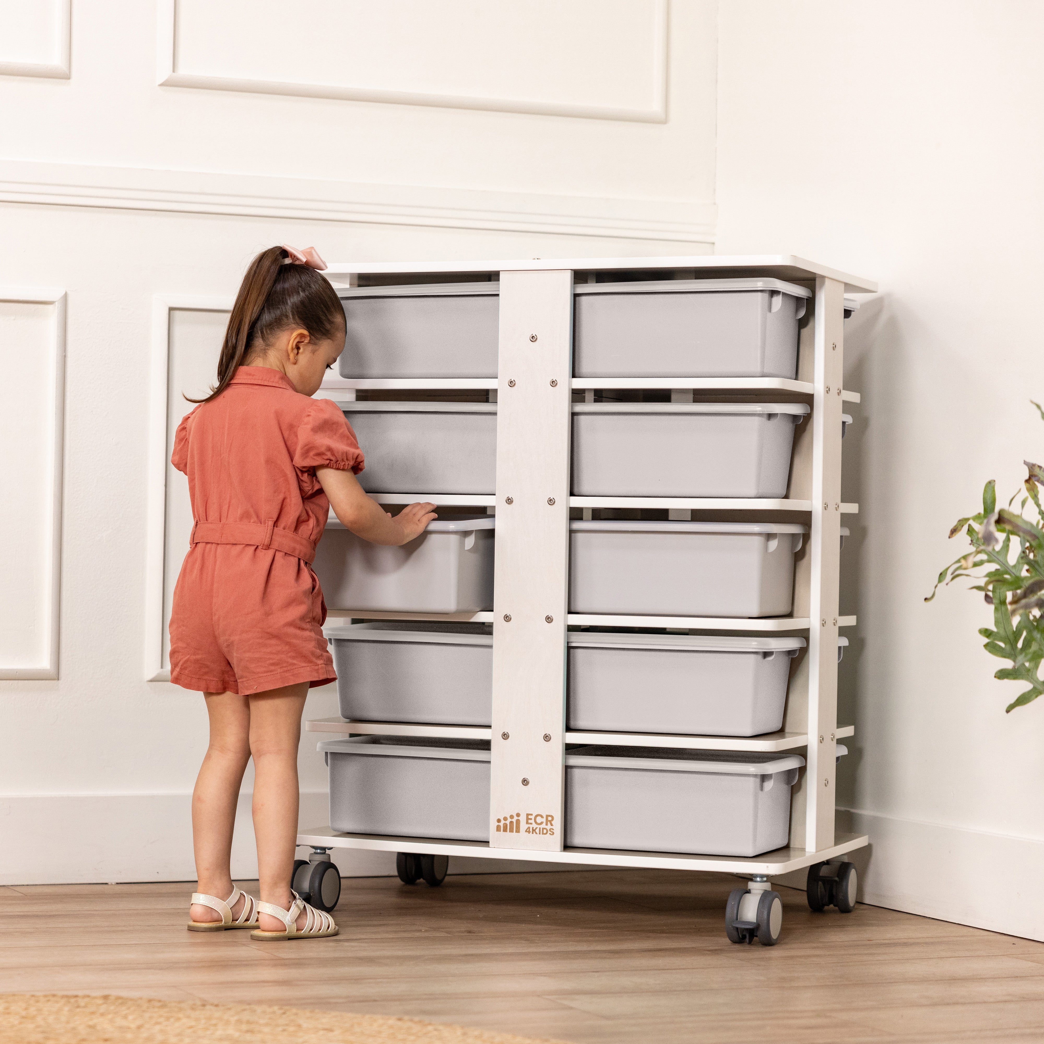 20-Compartment Mobile Storage Tower with Cubby Bins with Lids, 5x4, White Wash, Classroom Furniture