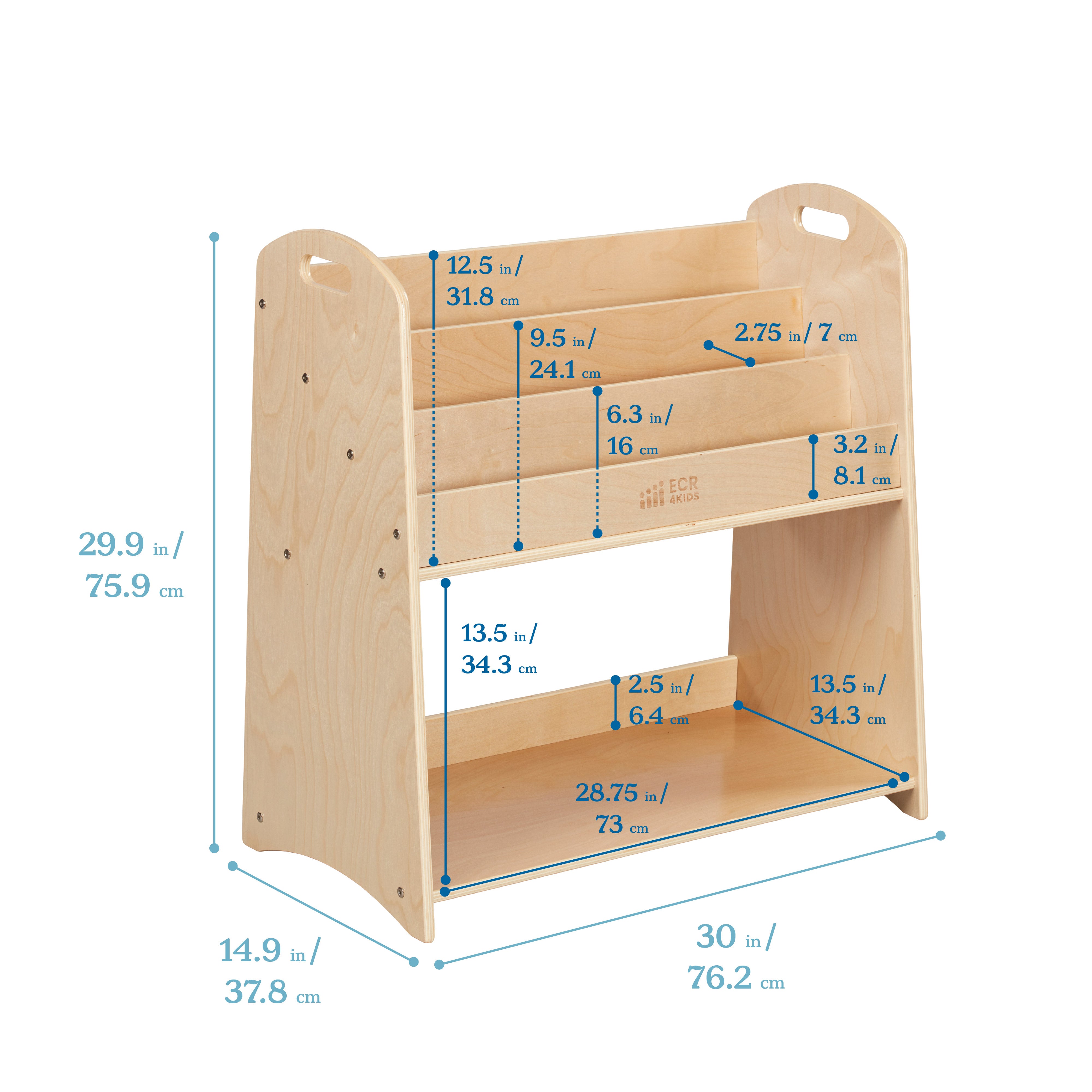 3-Shelf Floor Book Display with Handles and Storage, 30in