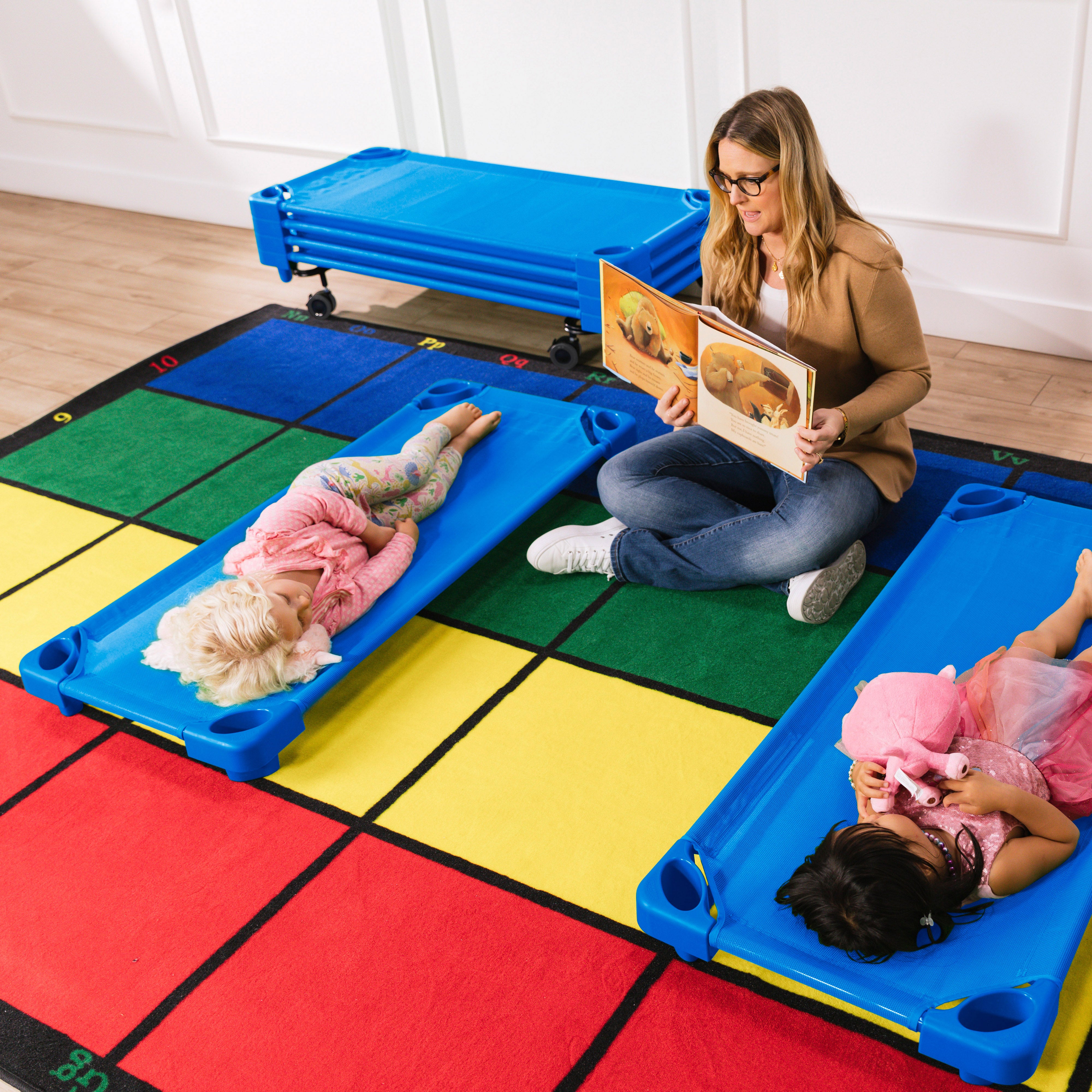 Preschool Rest & Recharge Package with Standard Stackable Kiddie Cots, Sheets, Blankets and Cot Trolley