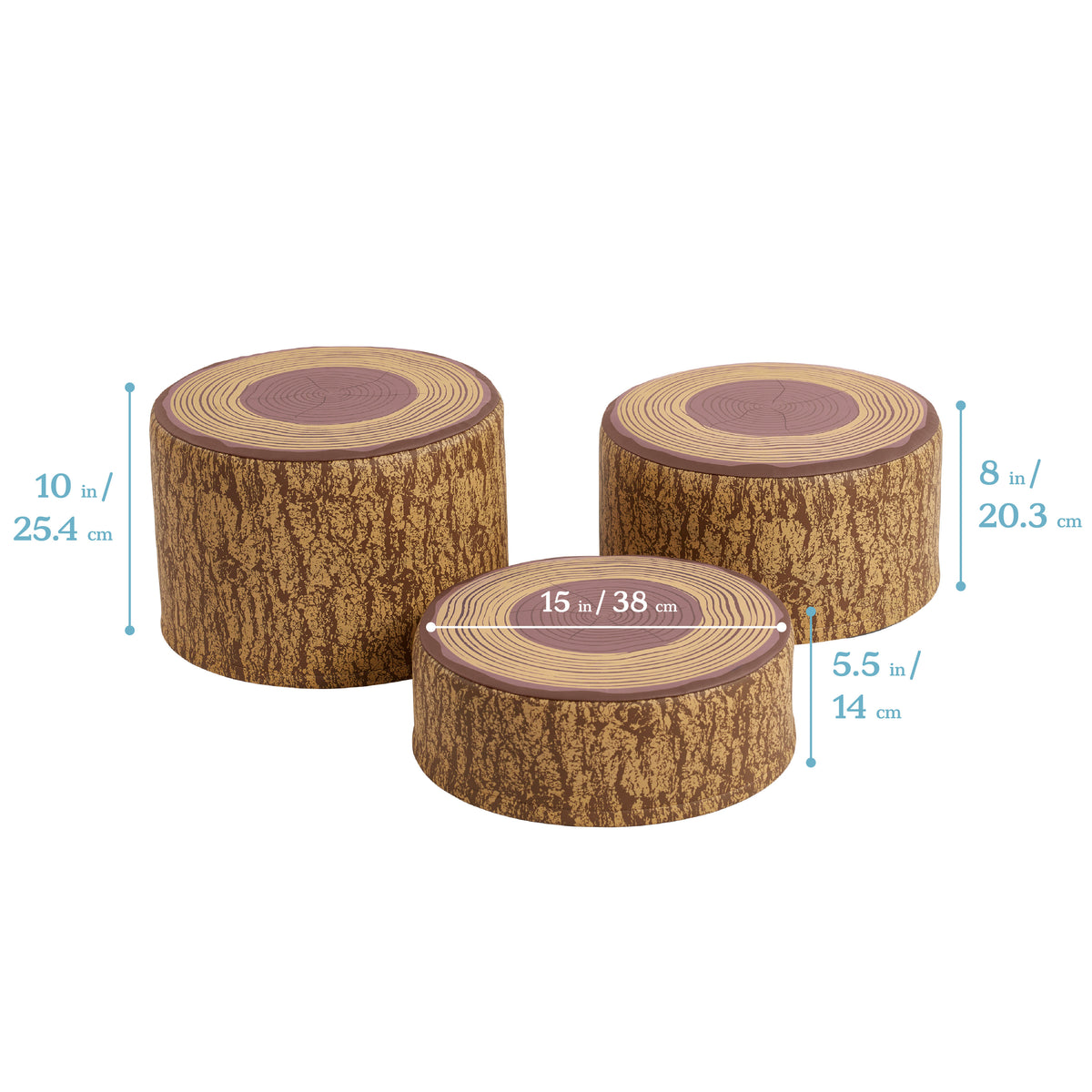 Three cylindrical tree stump stools in varying heights with textured bark sides and circular wood grain tops.