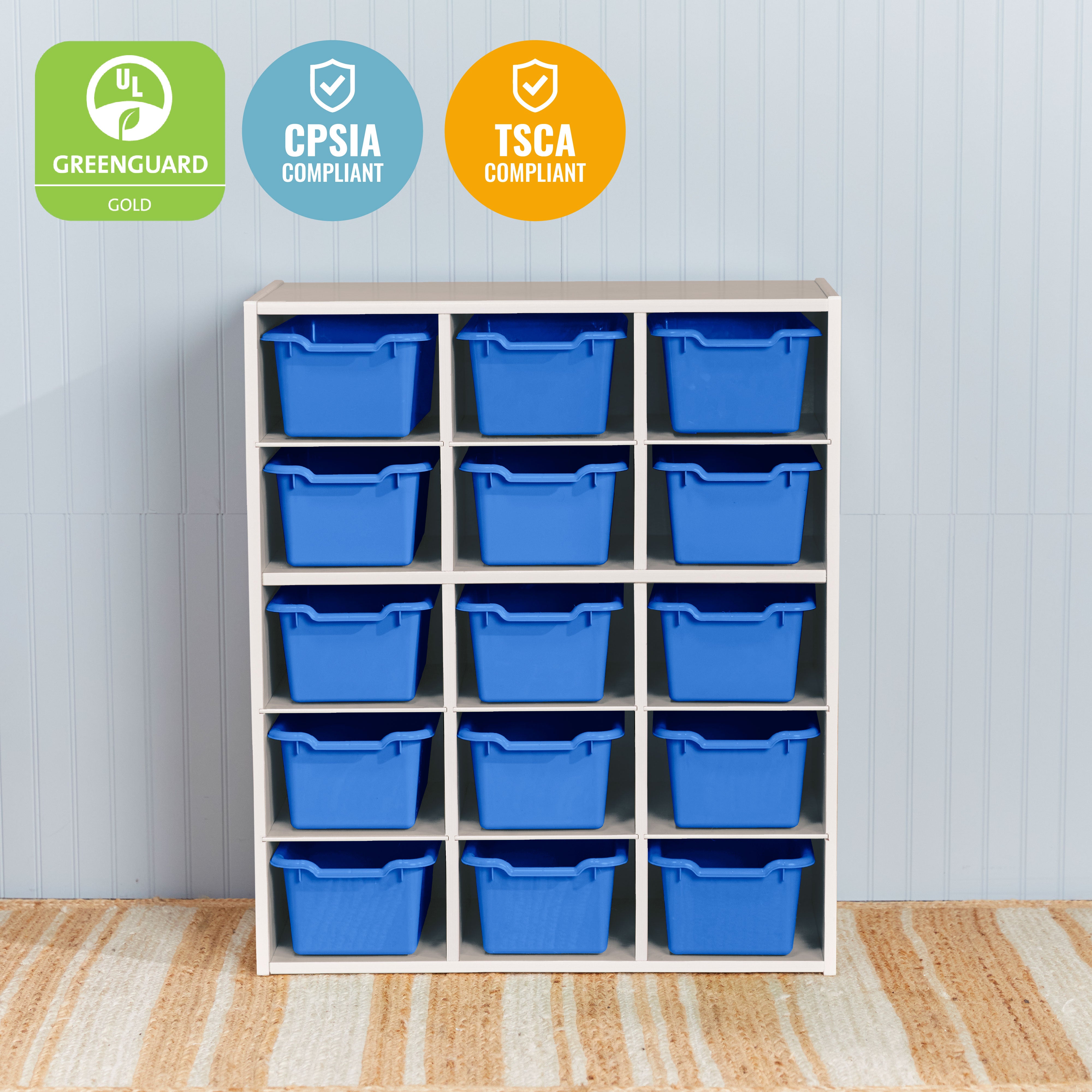 Streamline 15 Cubby Tray Cabinet with 15 Scoop Front Storage Bins, 5x3, White Wash