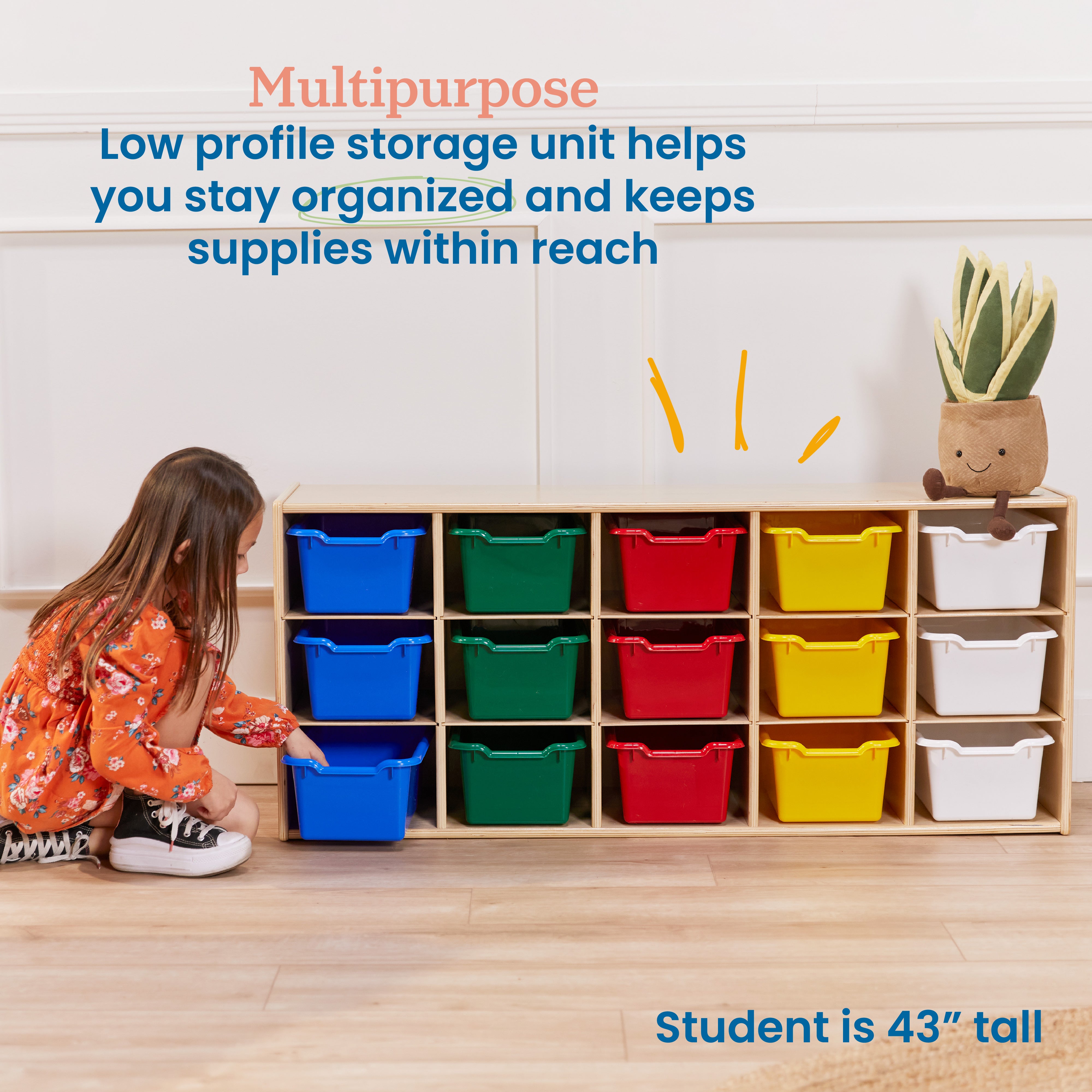 Streamline 15 Cubby Tray Cabinet with 15 Scoop Front Storage Bins, 3x5, Natural