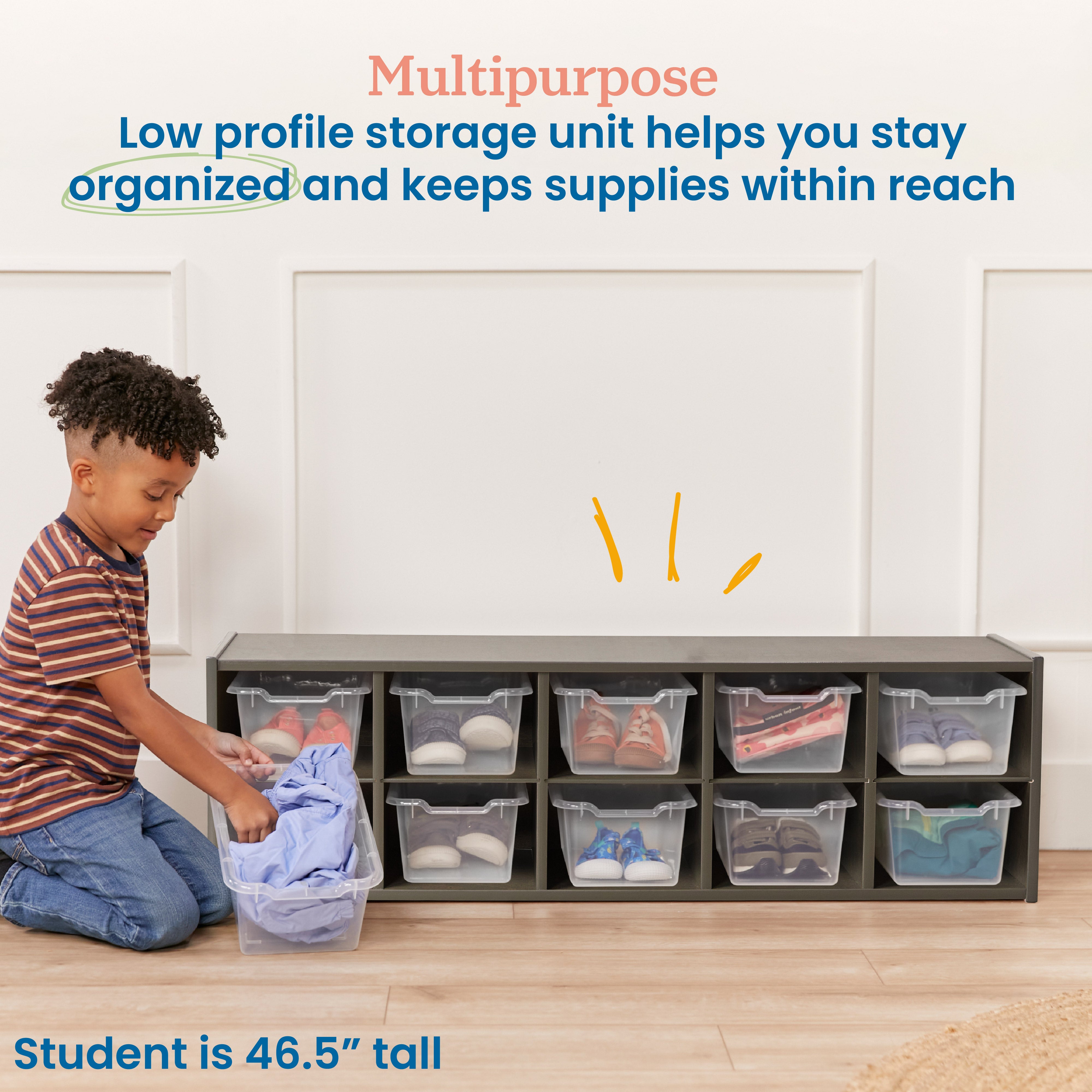 Streamline 10 Cubby Tray Cabinet with 10 Scoop Front Storage Bins, 2x5, Grey Wash