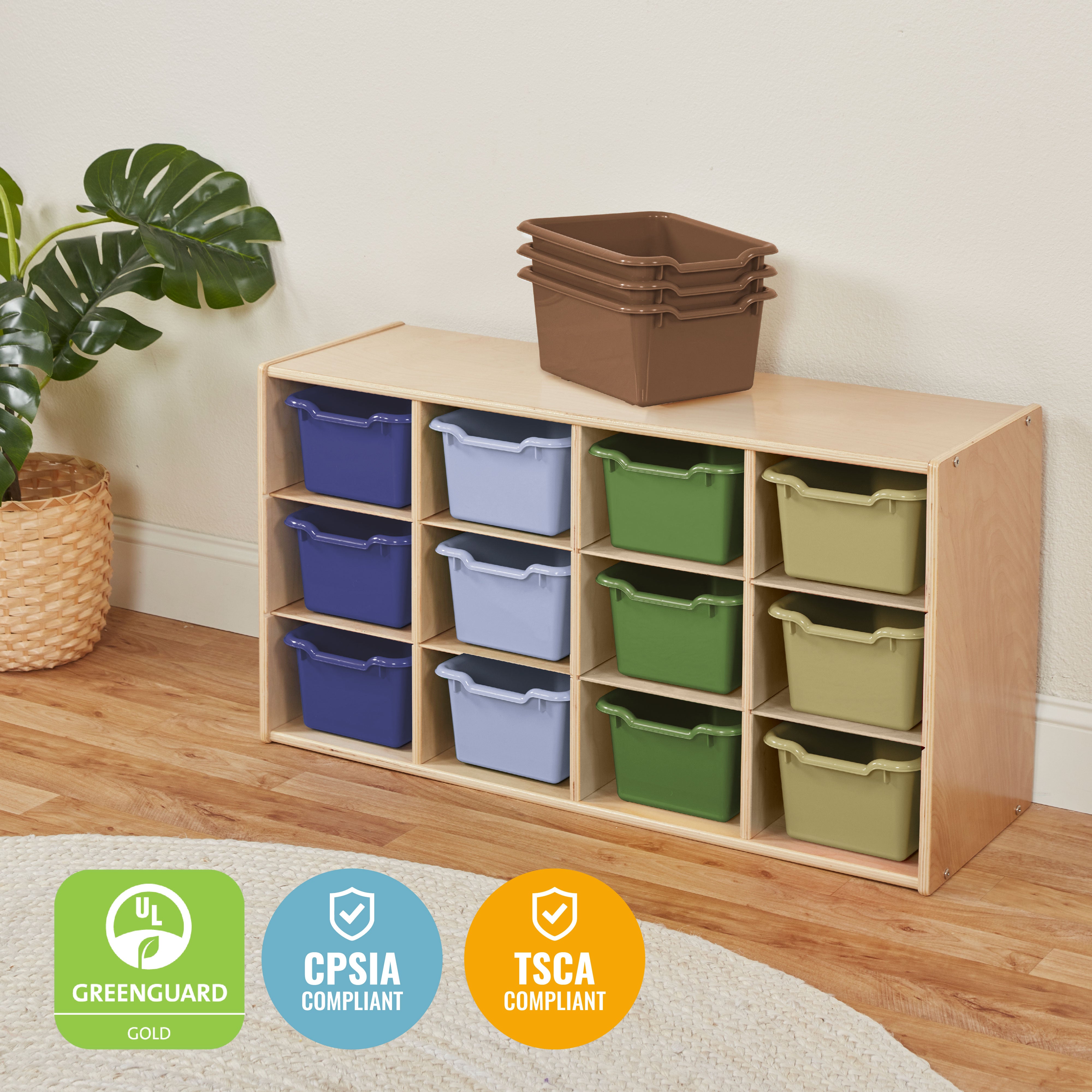 Streamline 12 Cubby Tray Cabinet with 15 Scoop Front Storage Bins, 3x4, Natural