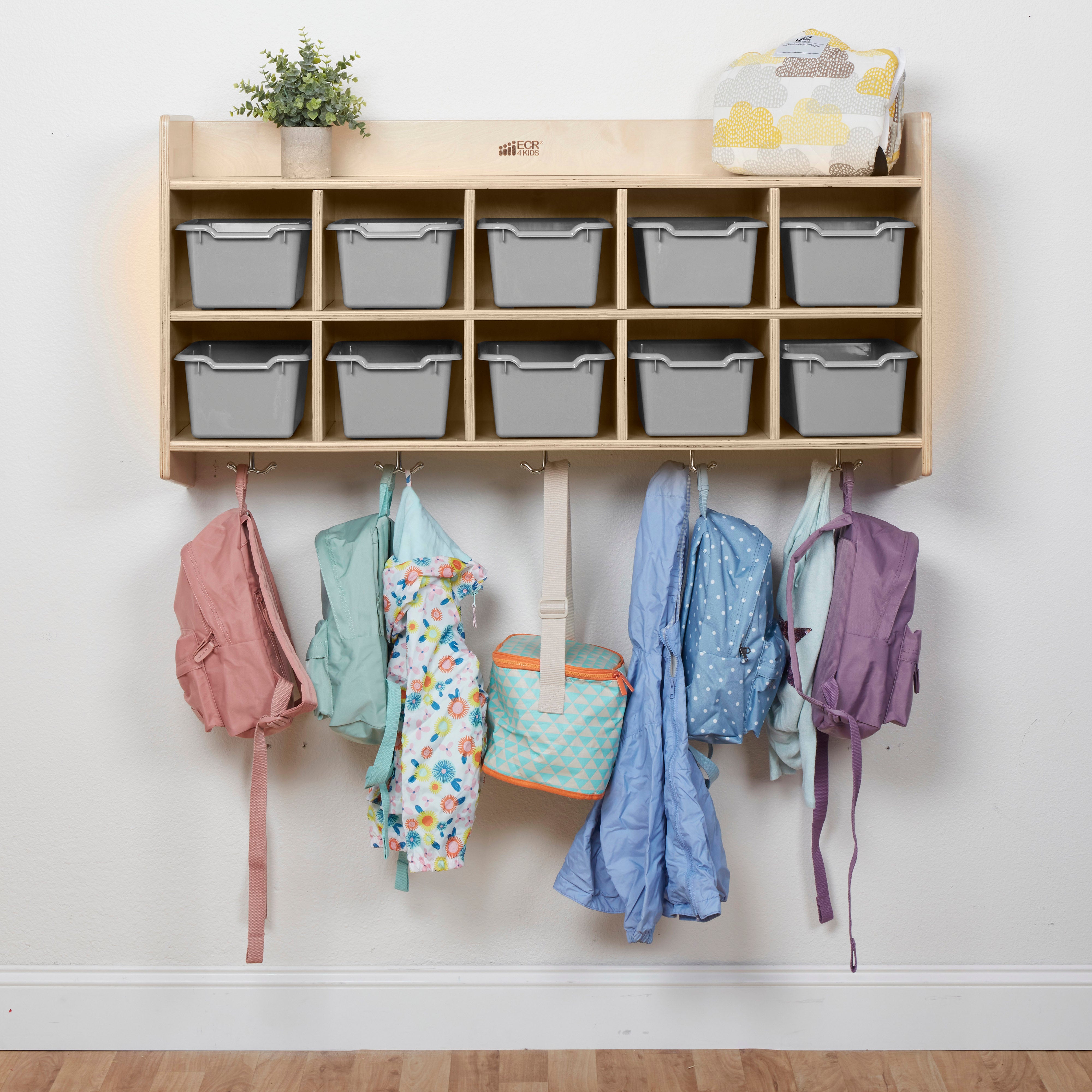 10-Section Hanging Coat Locker with Shelf and Scoop Front Storage Bins, Natural