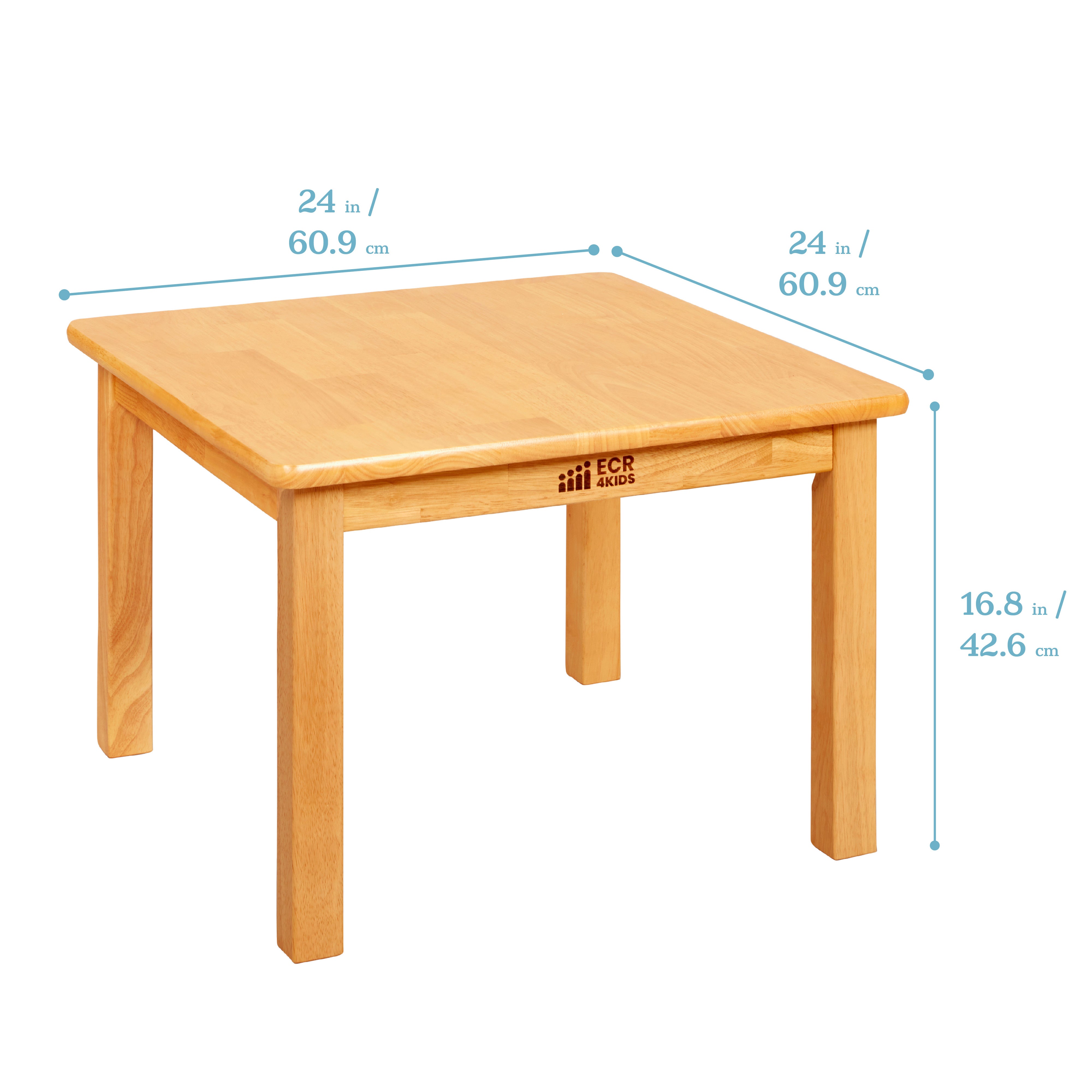 24in x 24in Square Hardwood Table with 16in Legs and Two 8in Chairs, 3-Piece
